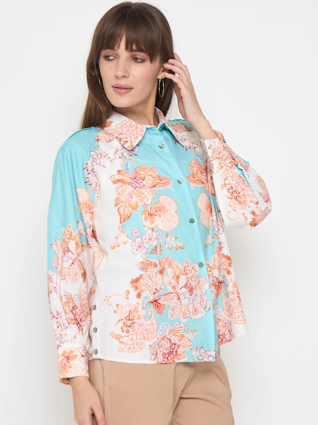 Madame Floral Print Colorblock Blue Shirt - Image 4