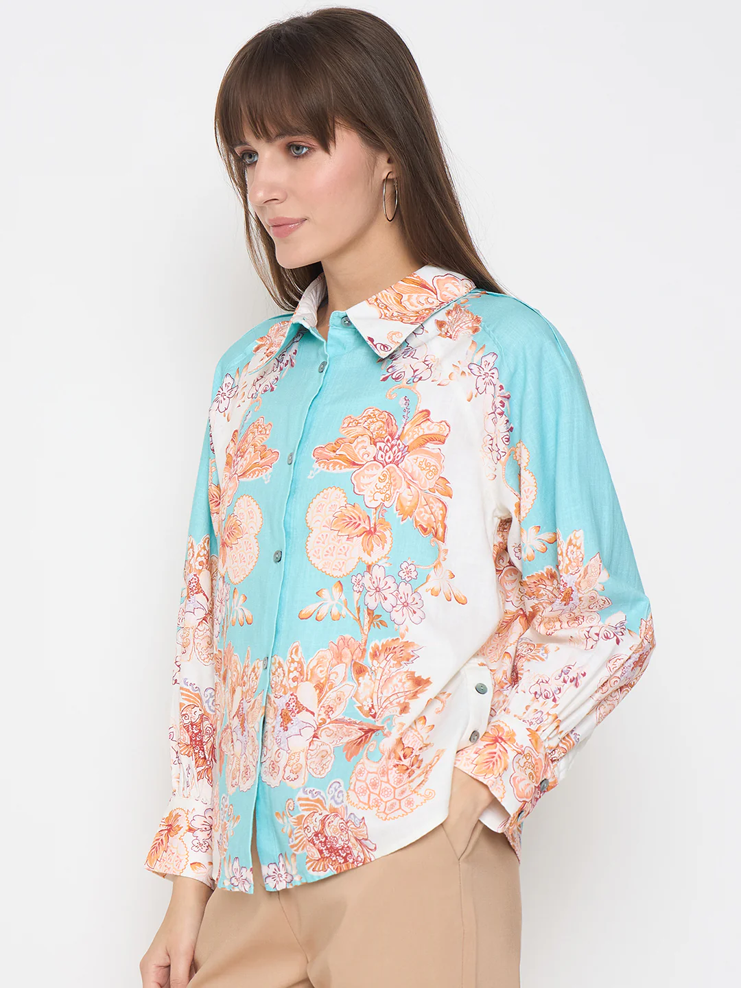 Madame Floral Print Colorblock Blue Shirt - Image 5