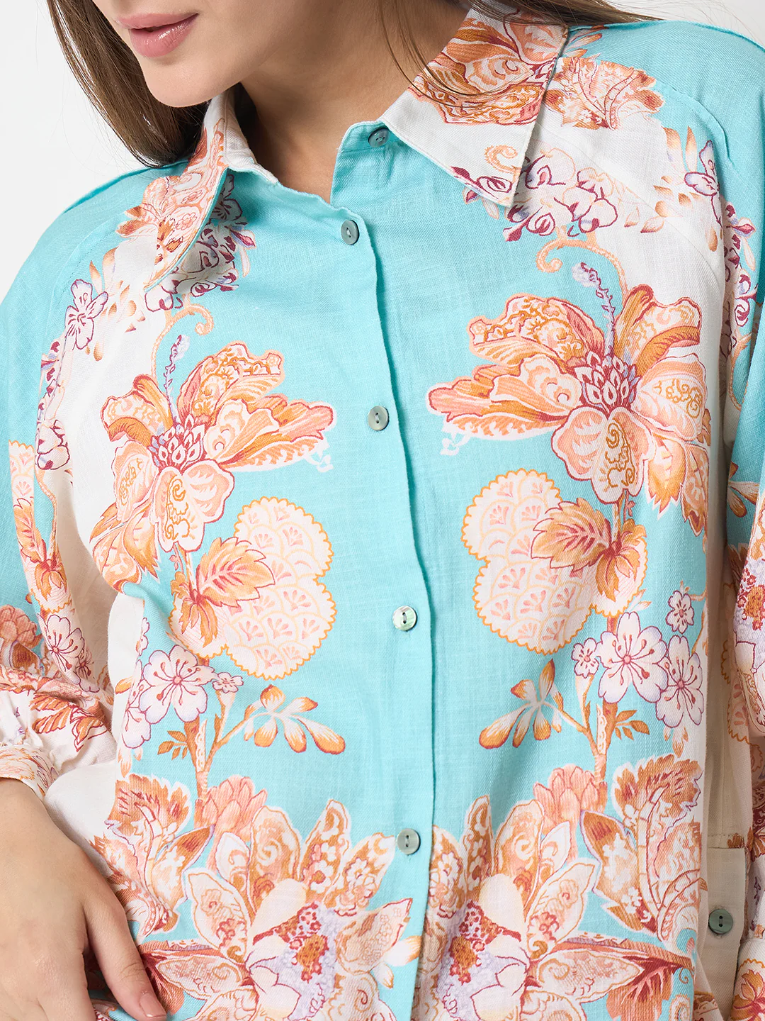 Madame Floral Print Colorblock Blue Shirt - Image 7