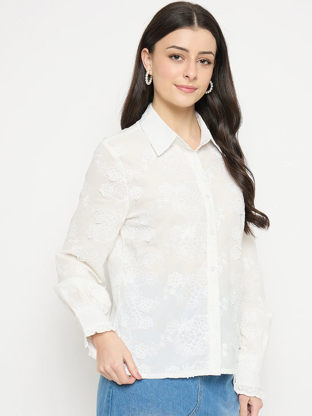 Madame Floral Detailing White Cotton Shirt - Image 4