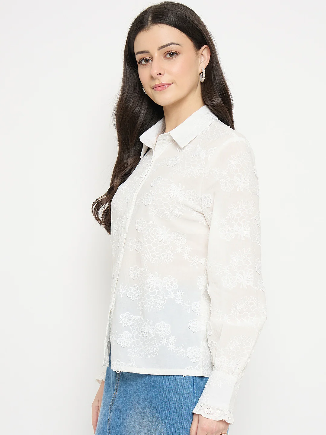Madame Floral Detailing White Cotton Shirt - Image 5