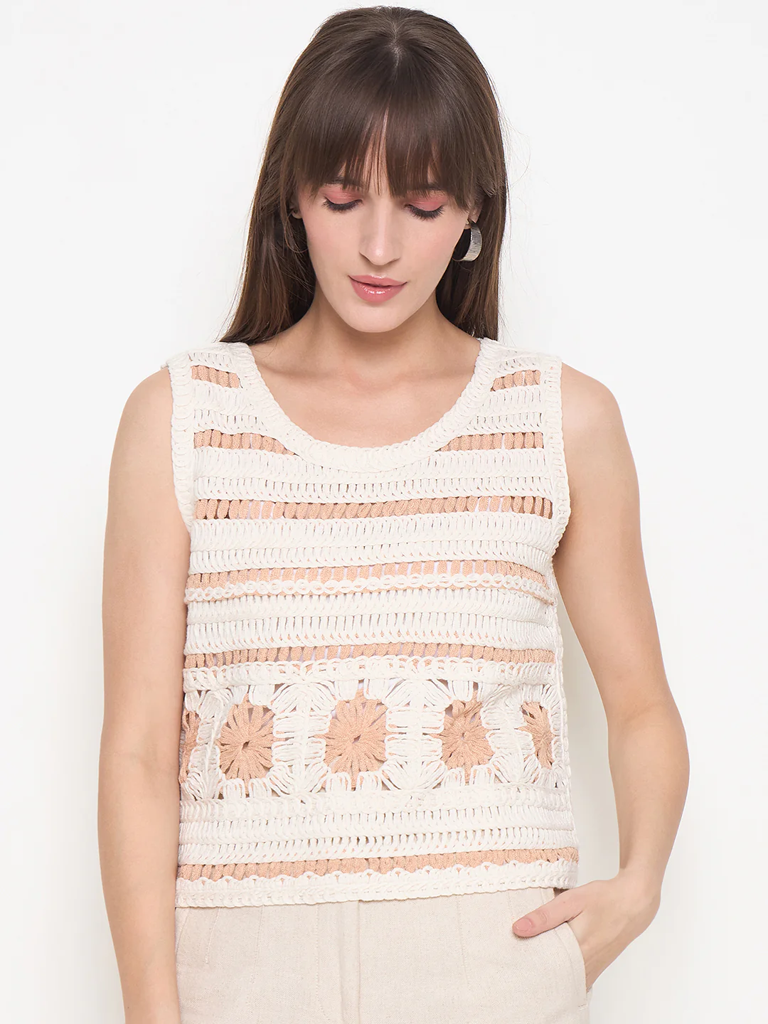 Madame Crochet Sleeveless Solid Beige Cotton Top - Image 3