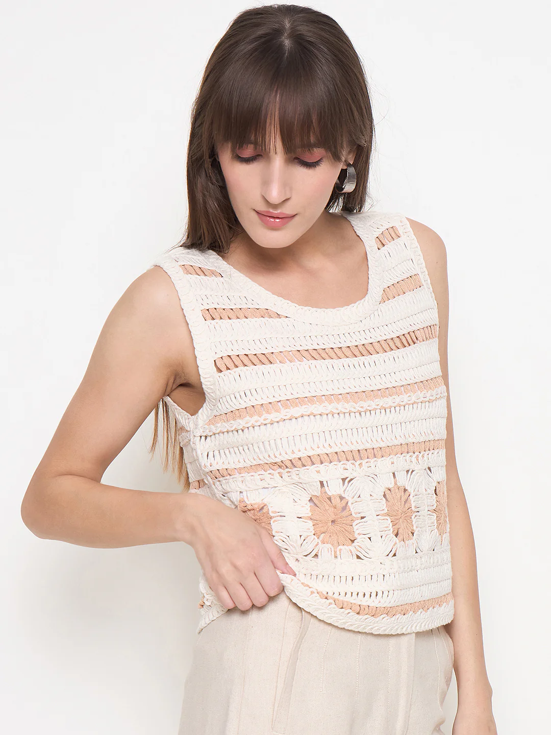 Madame Crochet Sleeveless Solid Beige Cotton Top - Image 4