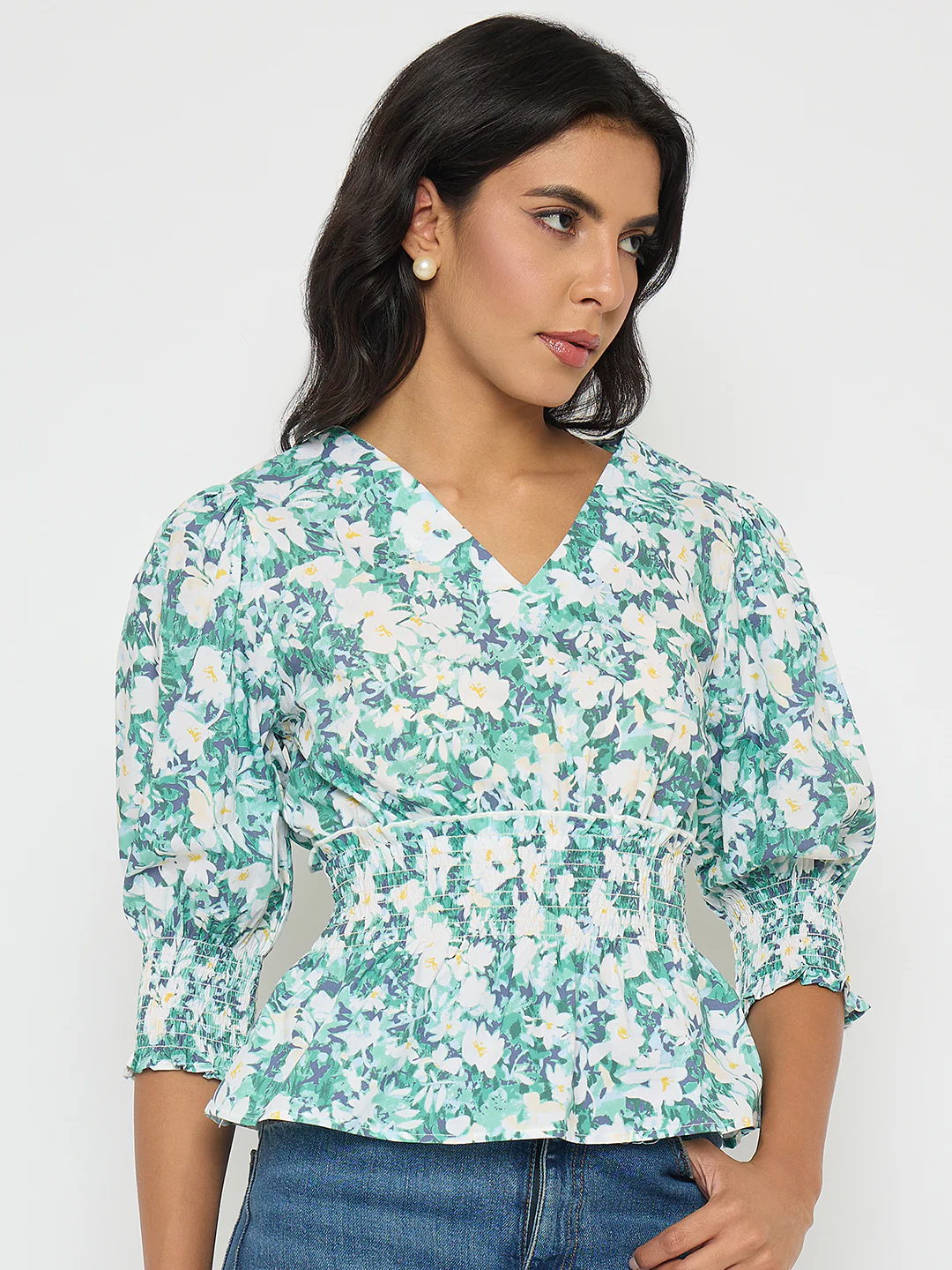 Madame Abstract Print Nylon Blend Pink Peplum Top - Image 4