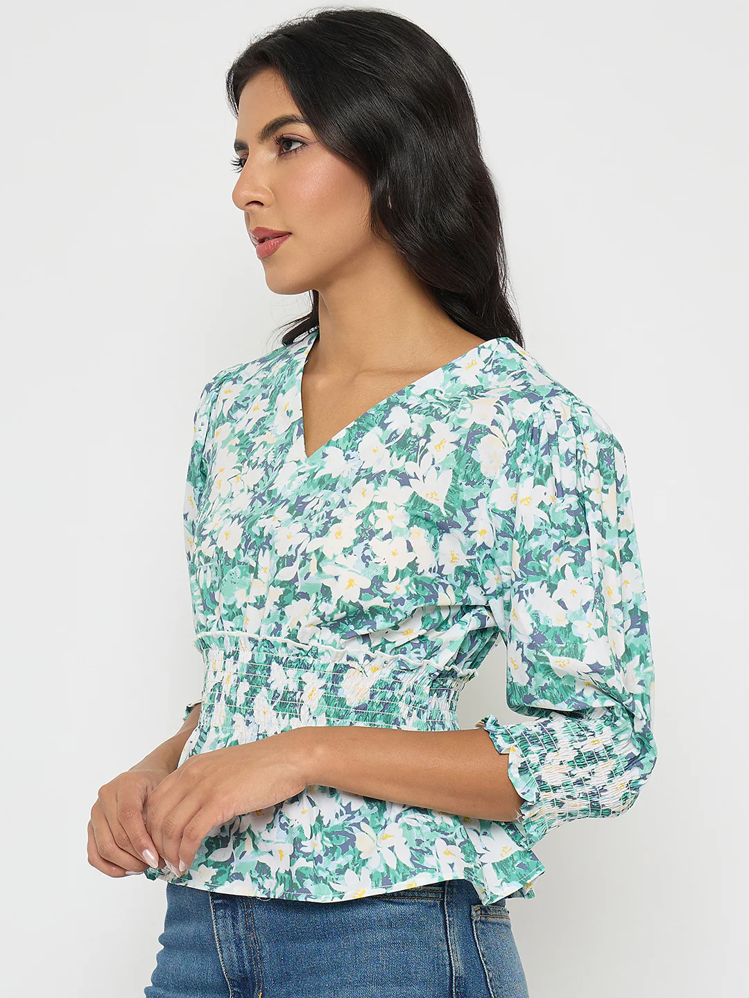 Madame Abstract Print Nylon Blend Pink Peplum Top - Image 5