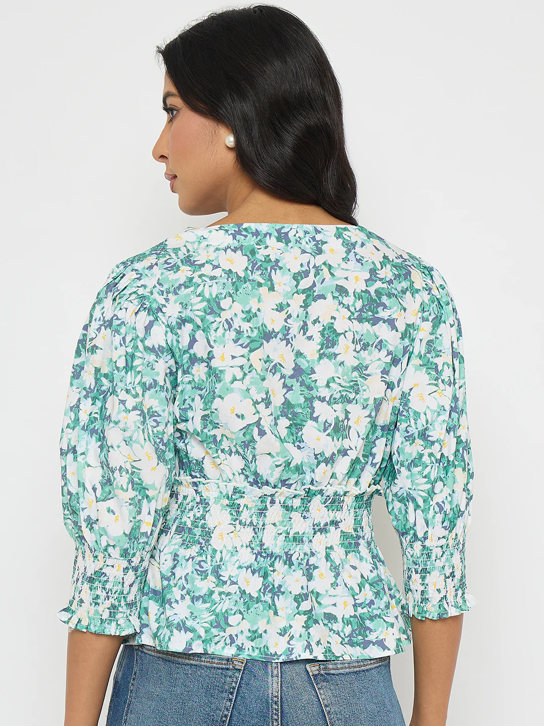 Madame Abstract Print Nylon Blend Pink Peplum Top - Image 6