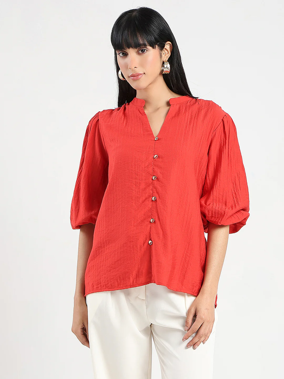Madame Textured Ruffle Neck Rayon Blend Red Top - Image 3