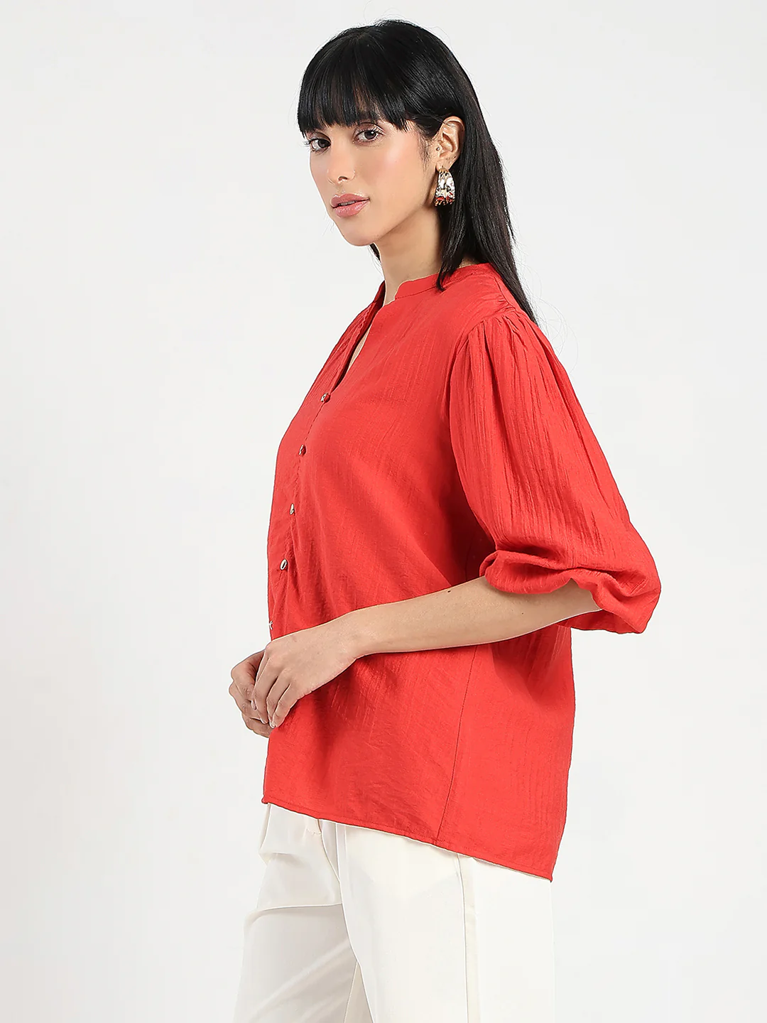 Madame Textured Ruffle Neck Rayon Blend Red Top - Image 4