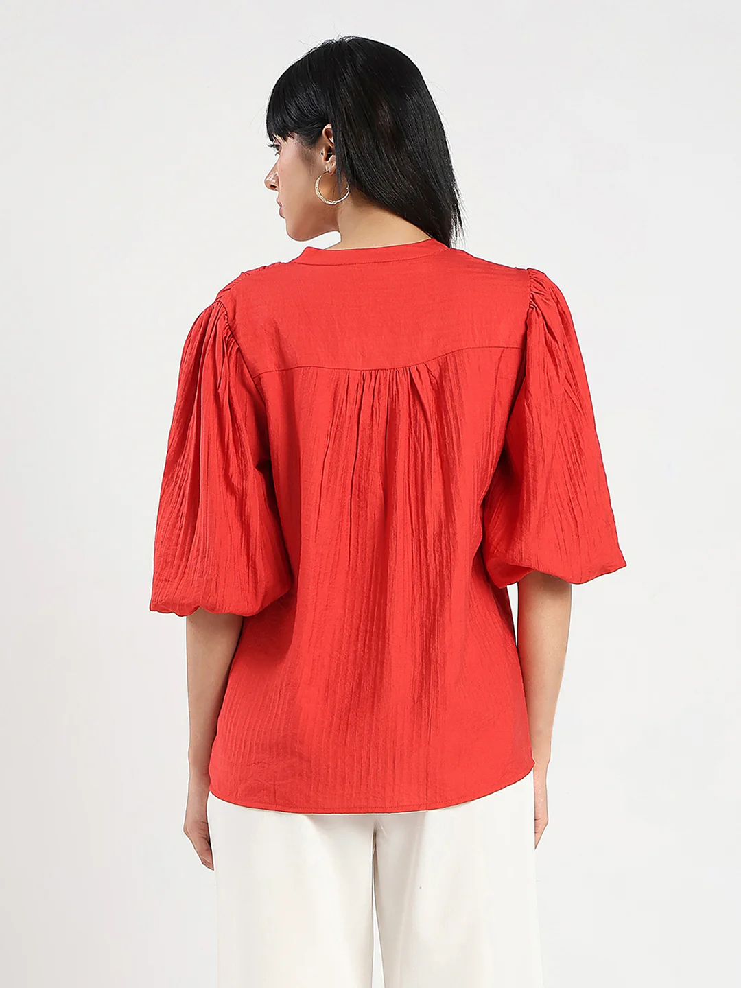 Madame Textured Ruffle Neck Rayon Blend Red Top - Image 6