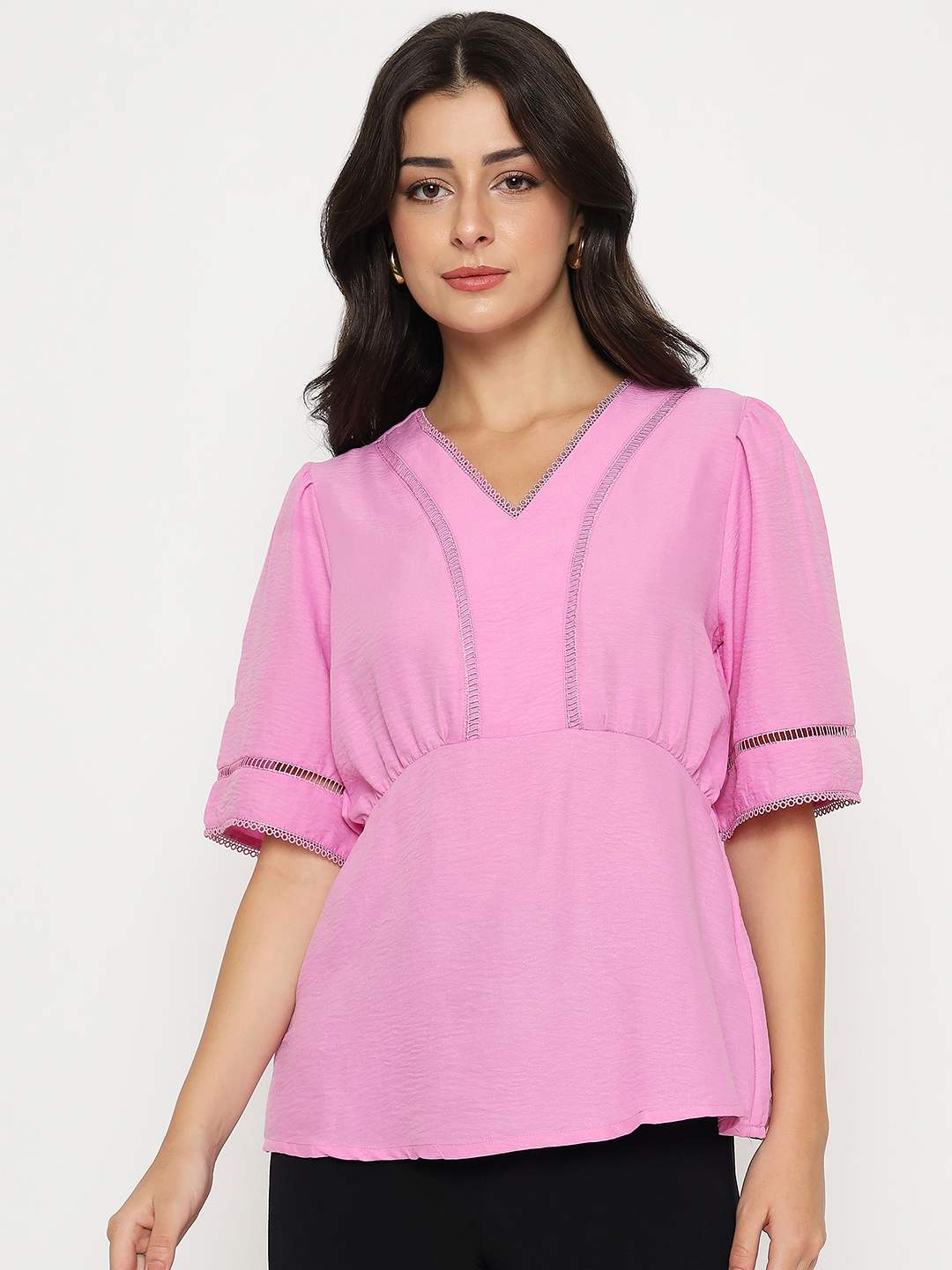 Madame V Neck Pink Peplum Top - Image 3