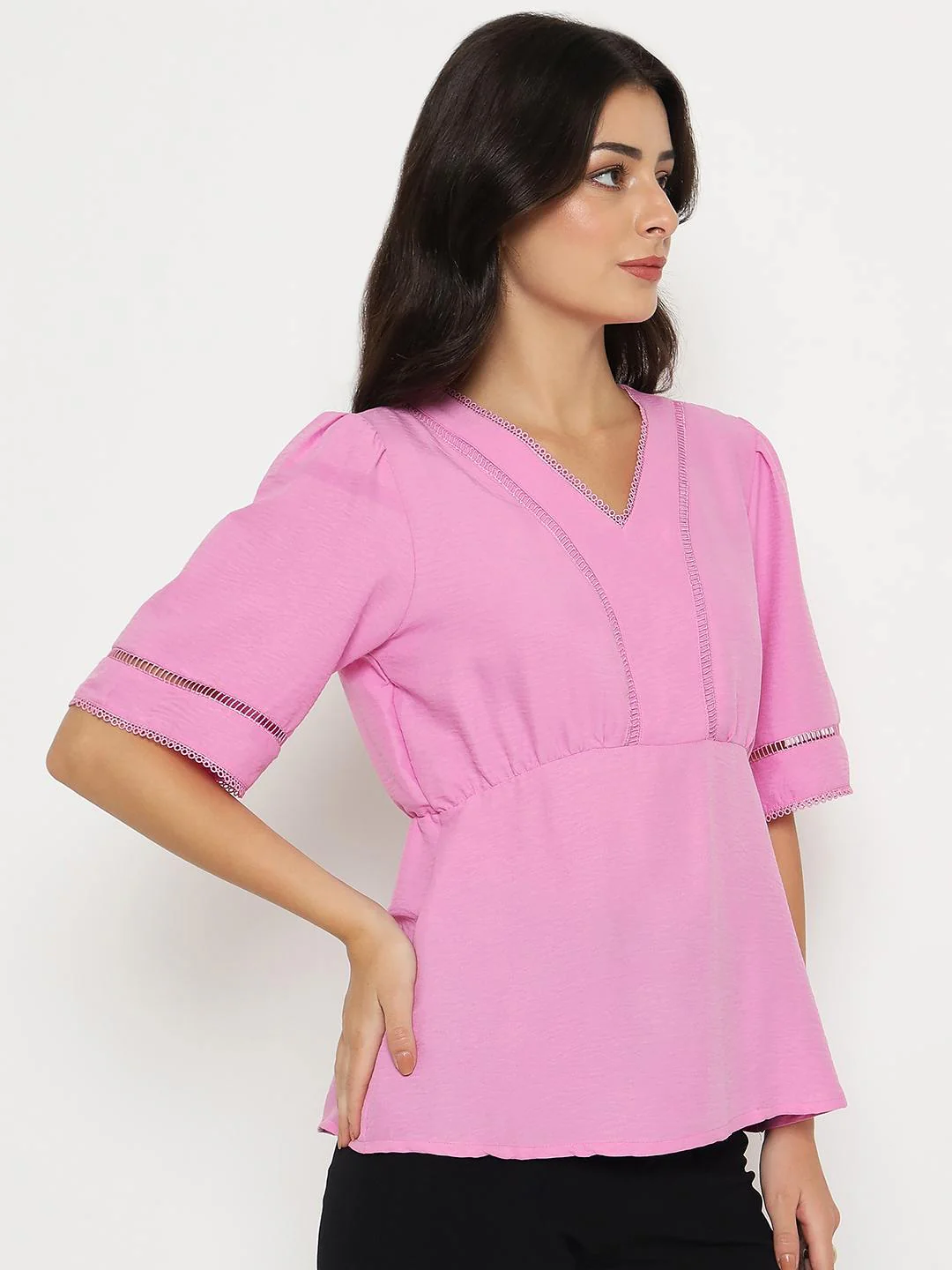 Madame V Neck Pink Peplum Top - Image 4