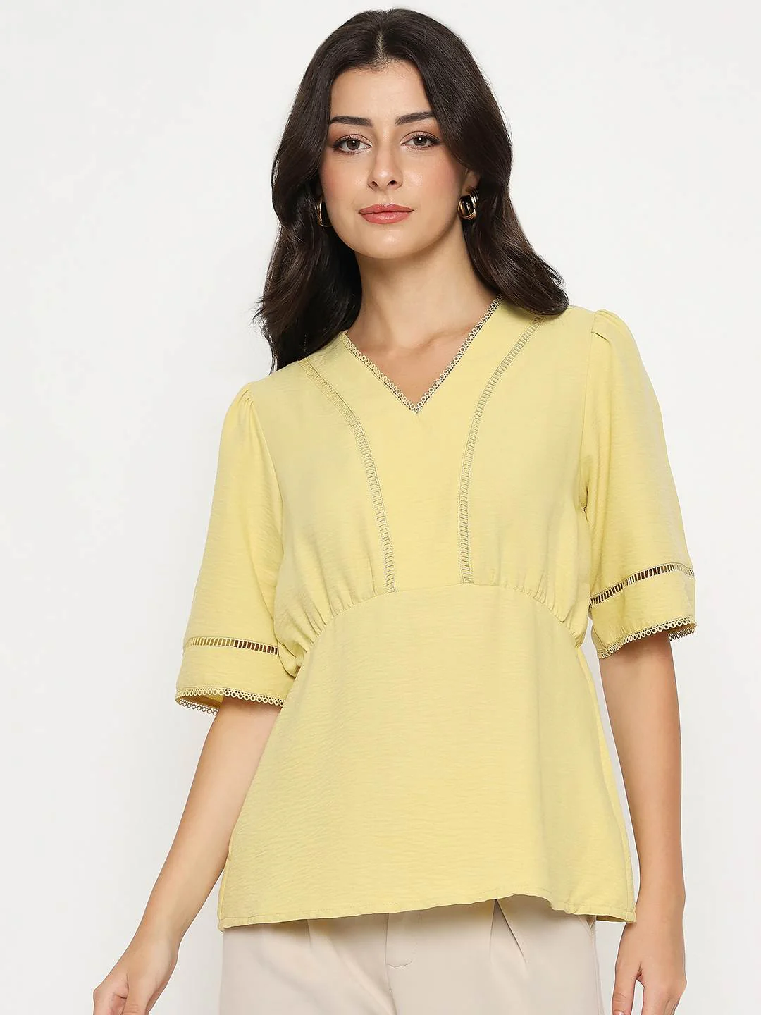 Madame V Neck Yellow Peplum Top - Image 3