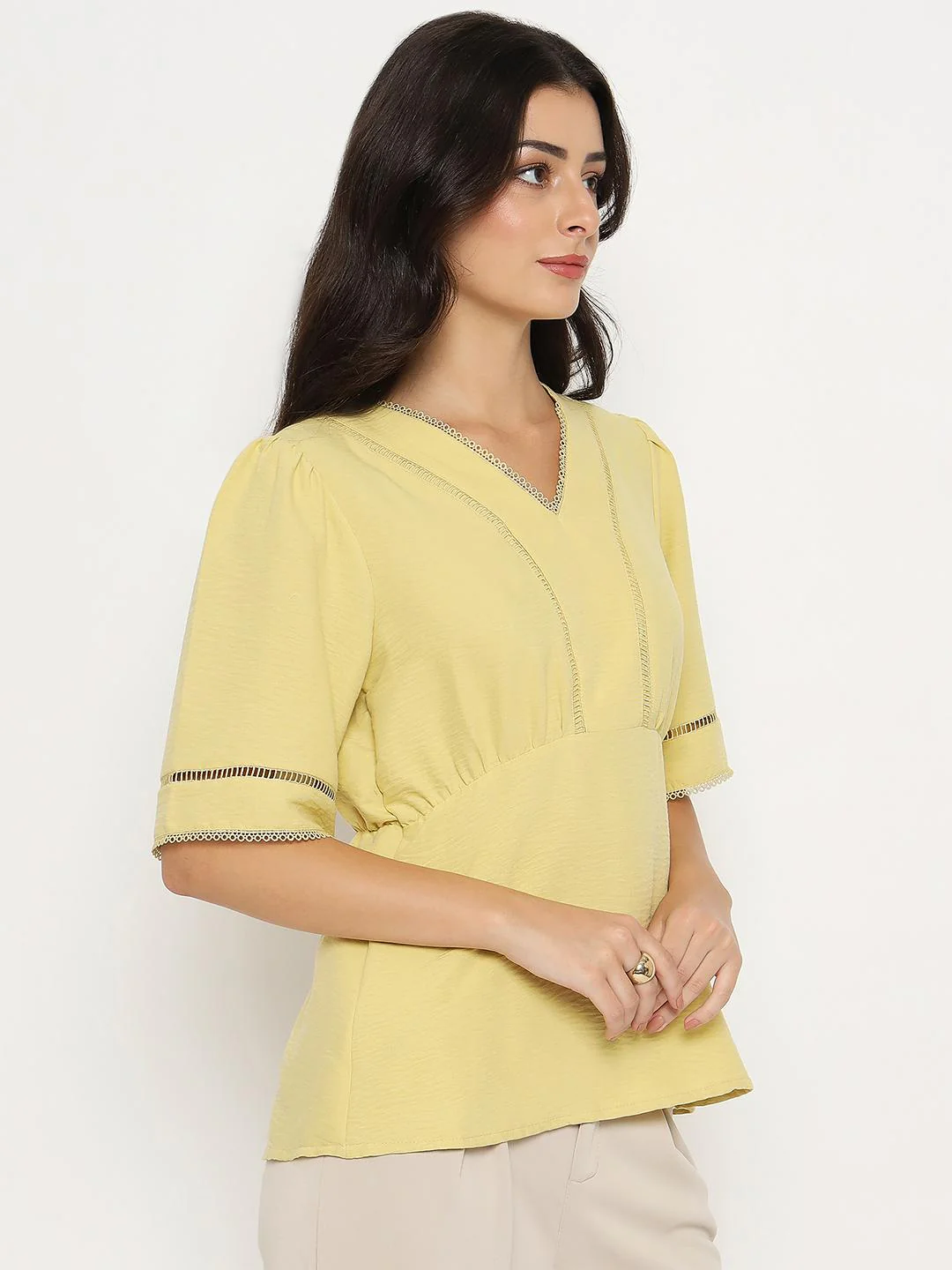 Madame V Neck Yellow Peplum Top - Image 4