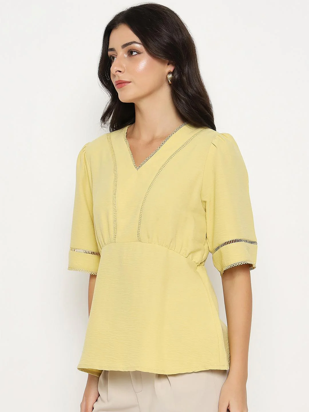Madame V Neck Yellow Peplum Top - Image 5