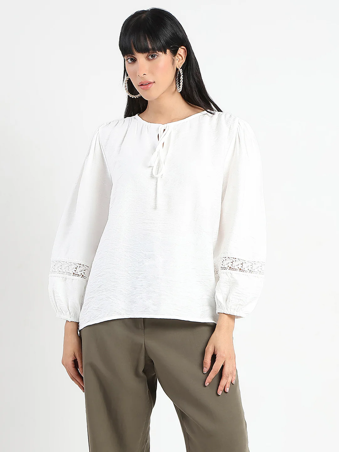 Madame Tie Neck Off White Rayon Blend Top - Image 3