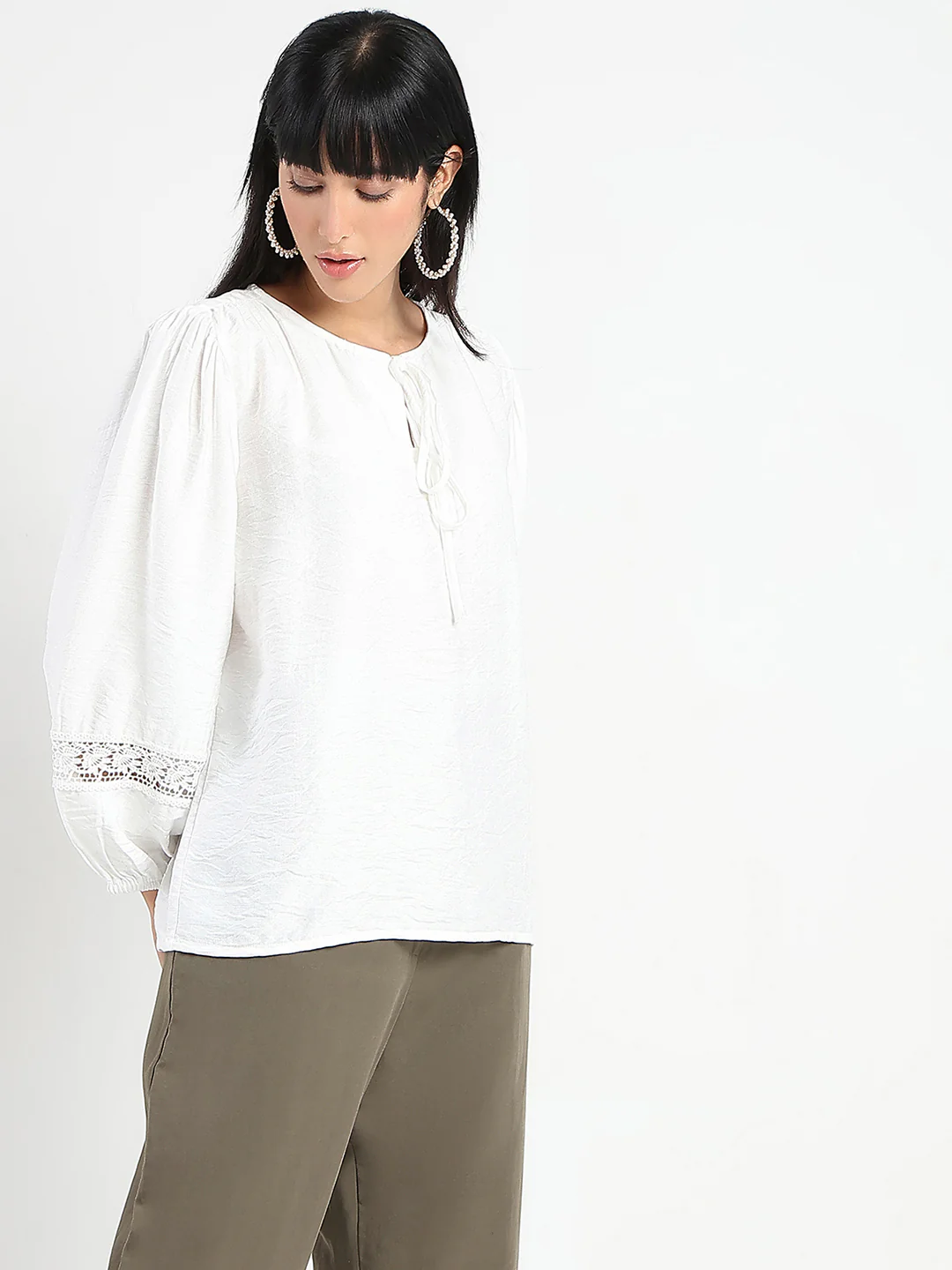 Madame Tie Neck Off White Rayon Blend Top - Image 4