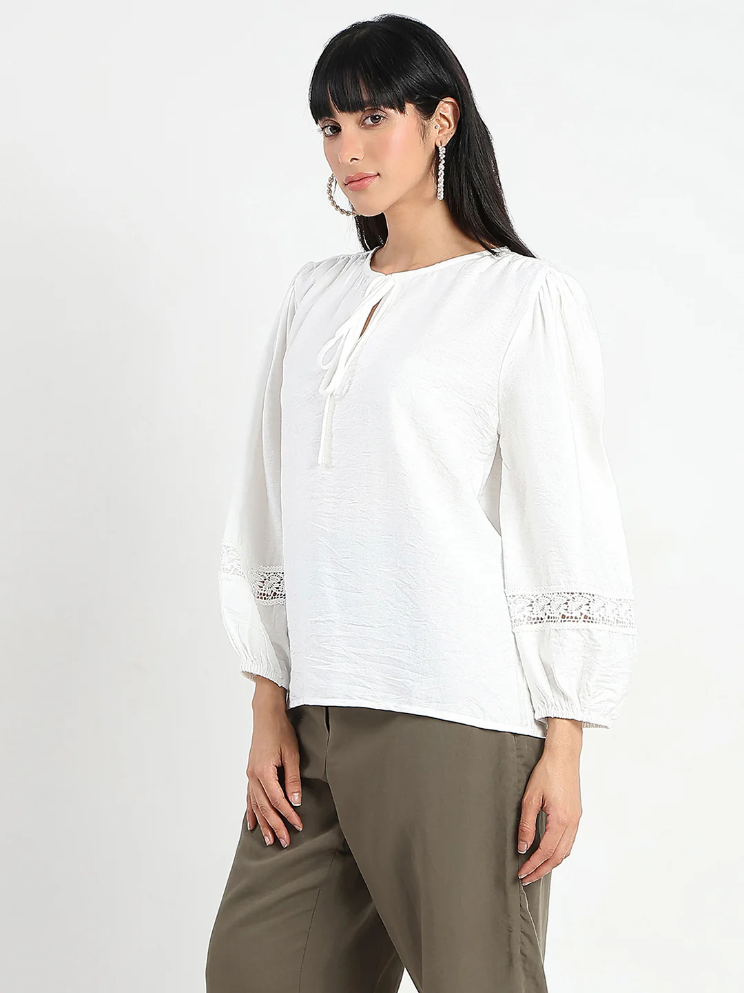 Madame Tie Neck Off White Rayon Blend Top - Image 5