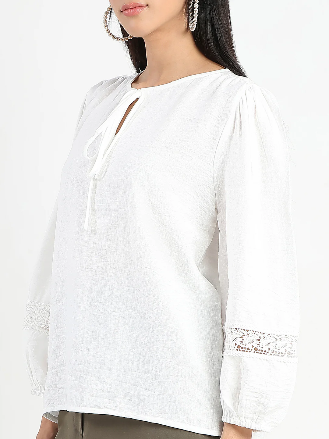 Madame Tie Neck Off White Rayon Blend Top - Image 7