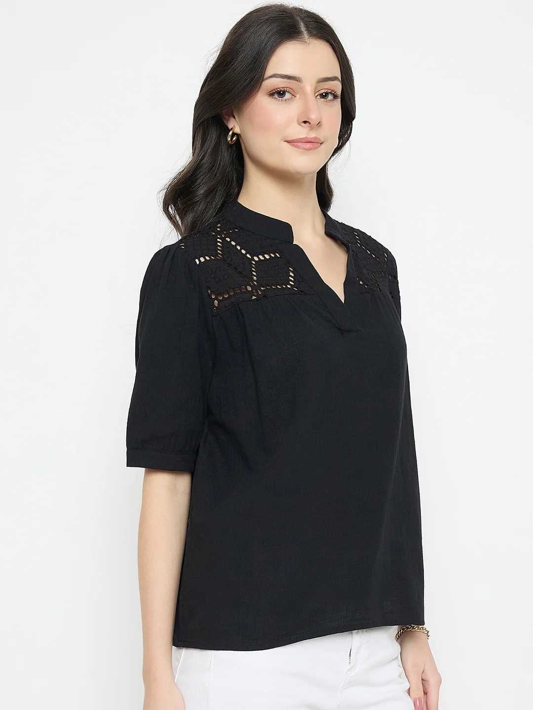 Madame Schiffli Detailing Black Cotton Top - Image 4