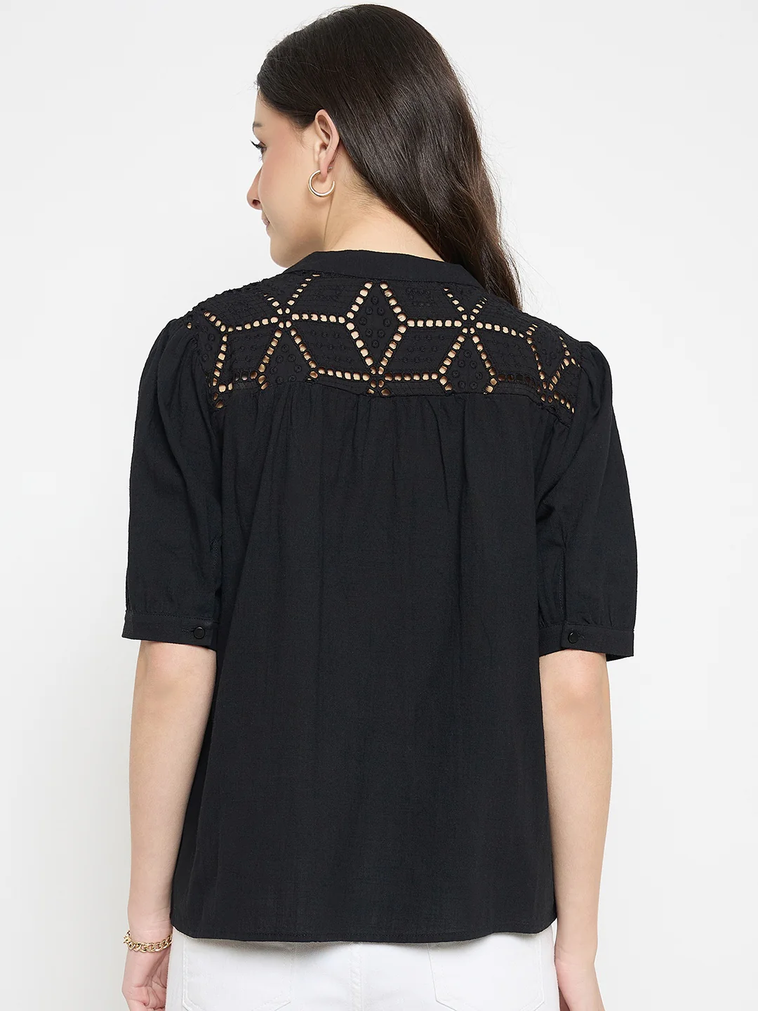 Madame Schiffli Detailing Black Cotton Top - Image 6
