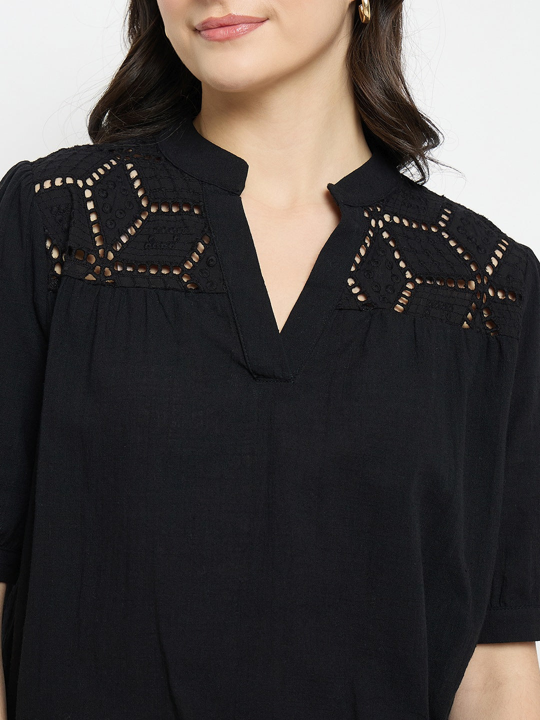 Madame Schiffli Detailing Black Cotton Top - Image 7