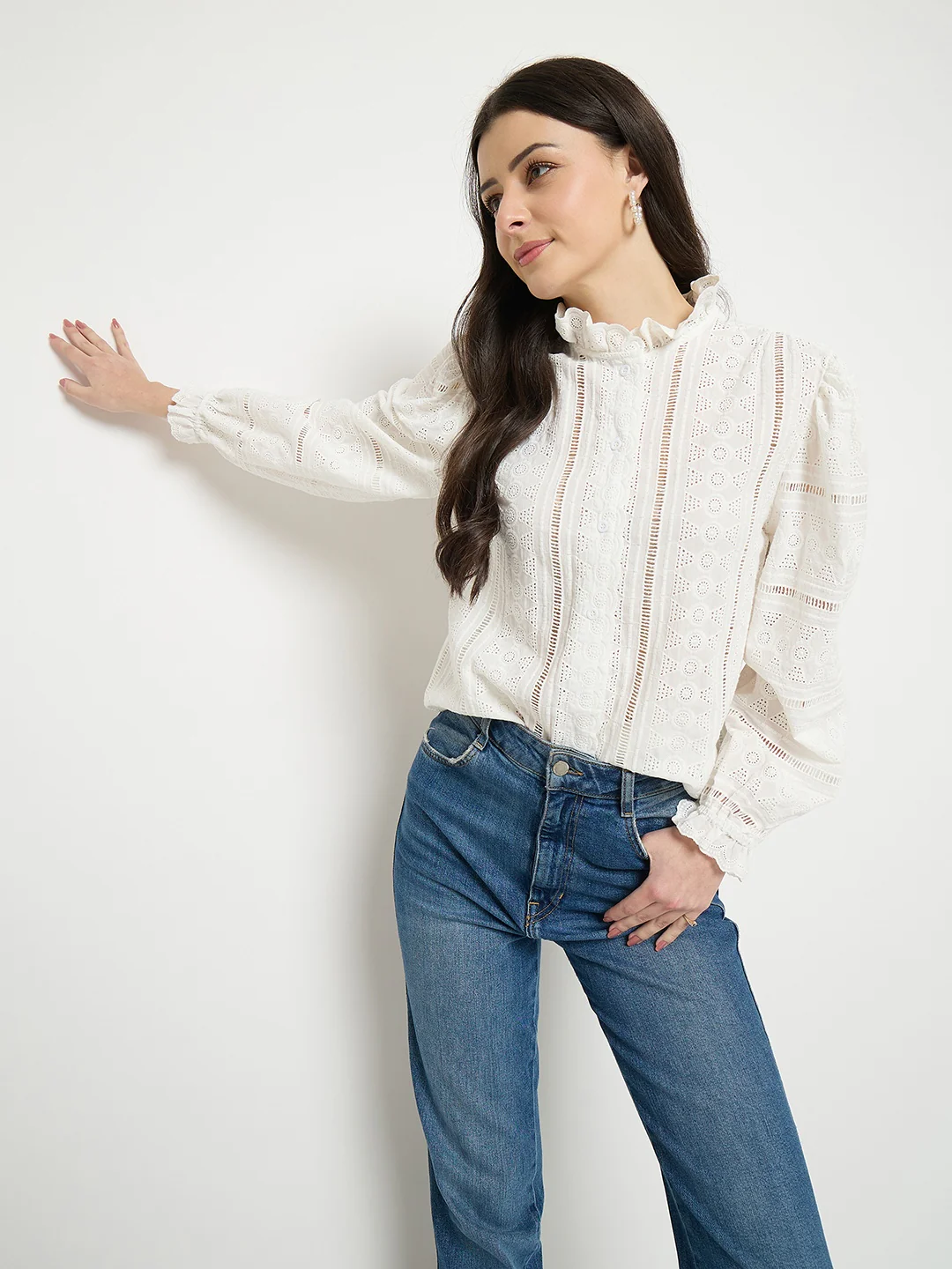 Madame Off White Lace Detailed Cotton Top - Image 3