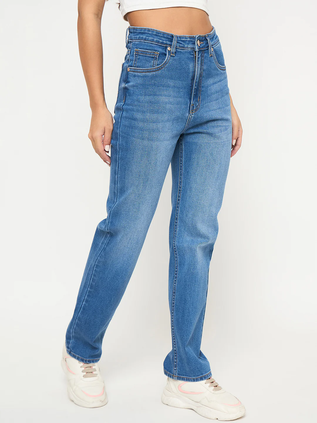 Madame Acid Wash Mid Blue Straight Cotton Blend Jeans - Image 3