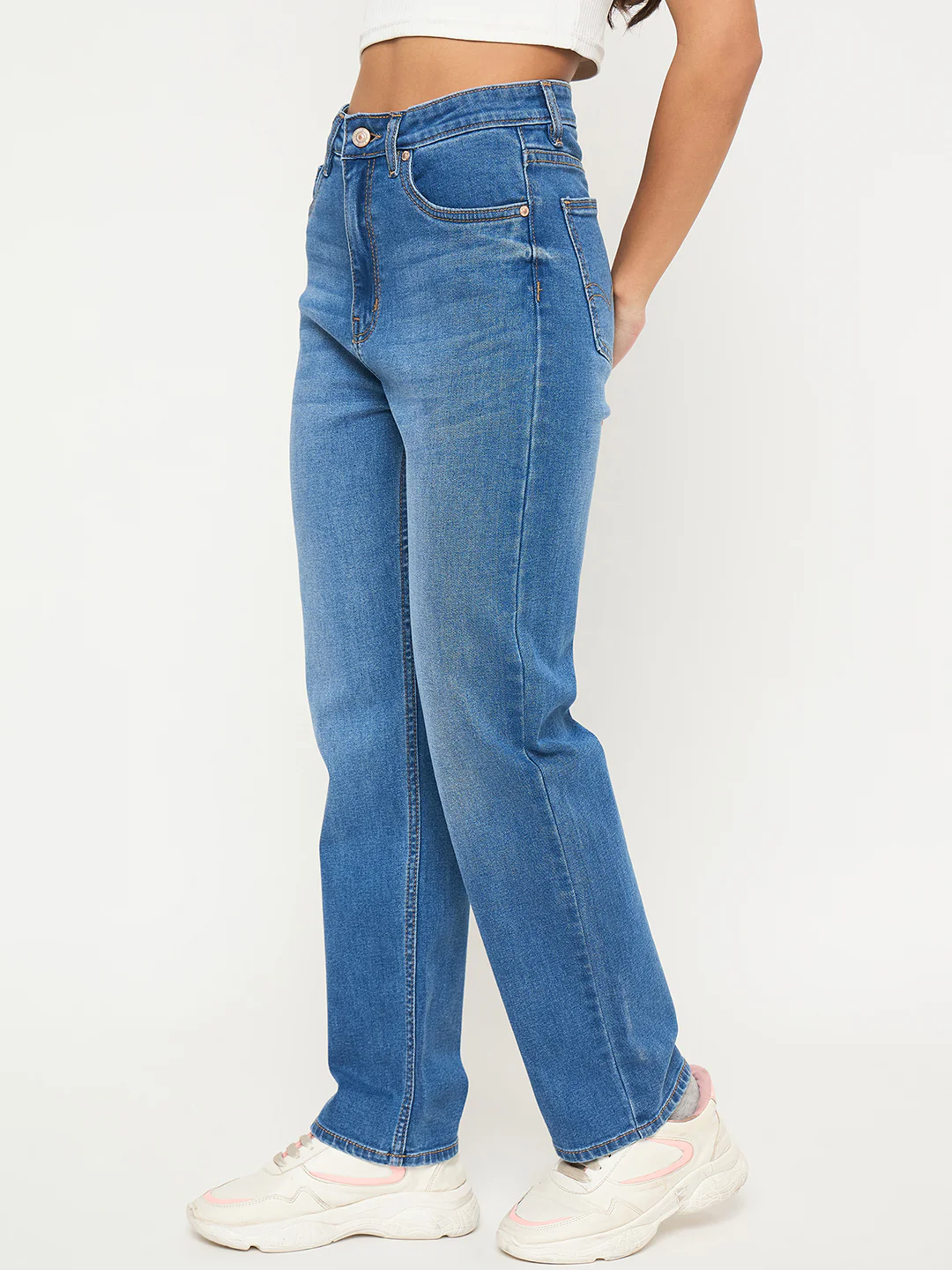 Madame Acid Wash Mid Blue Straight Cotton Blend Jeans - Image 4