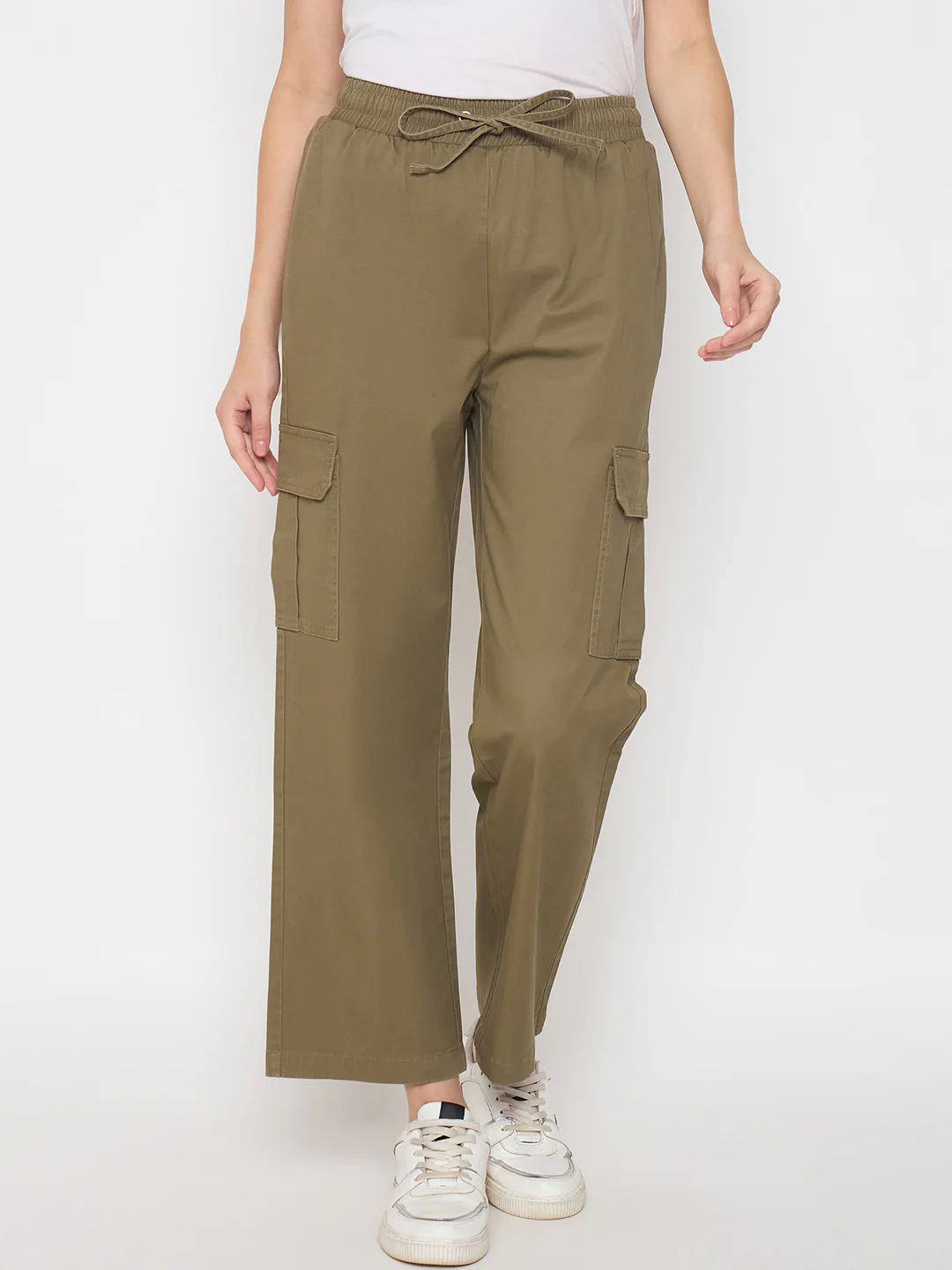 Madame Cotton Straight Green Cargo Pants - Image 3