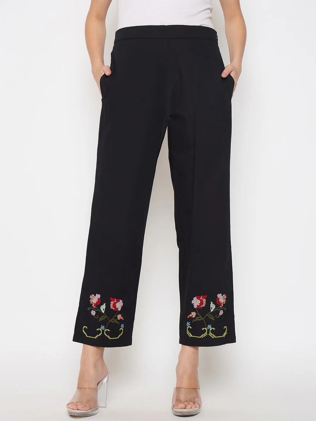 Madame Floral Embroidery Wide Leg Black Cotton Trousers - Image 3