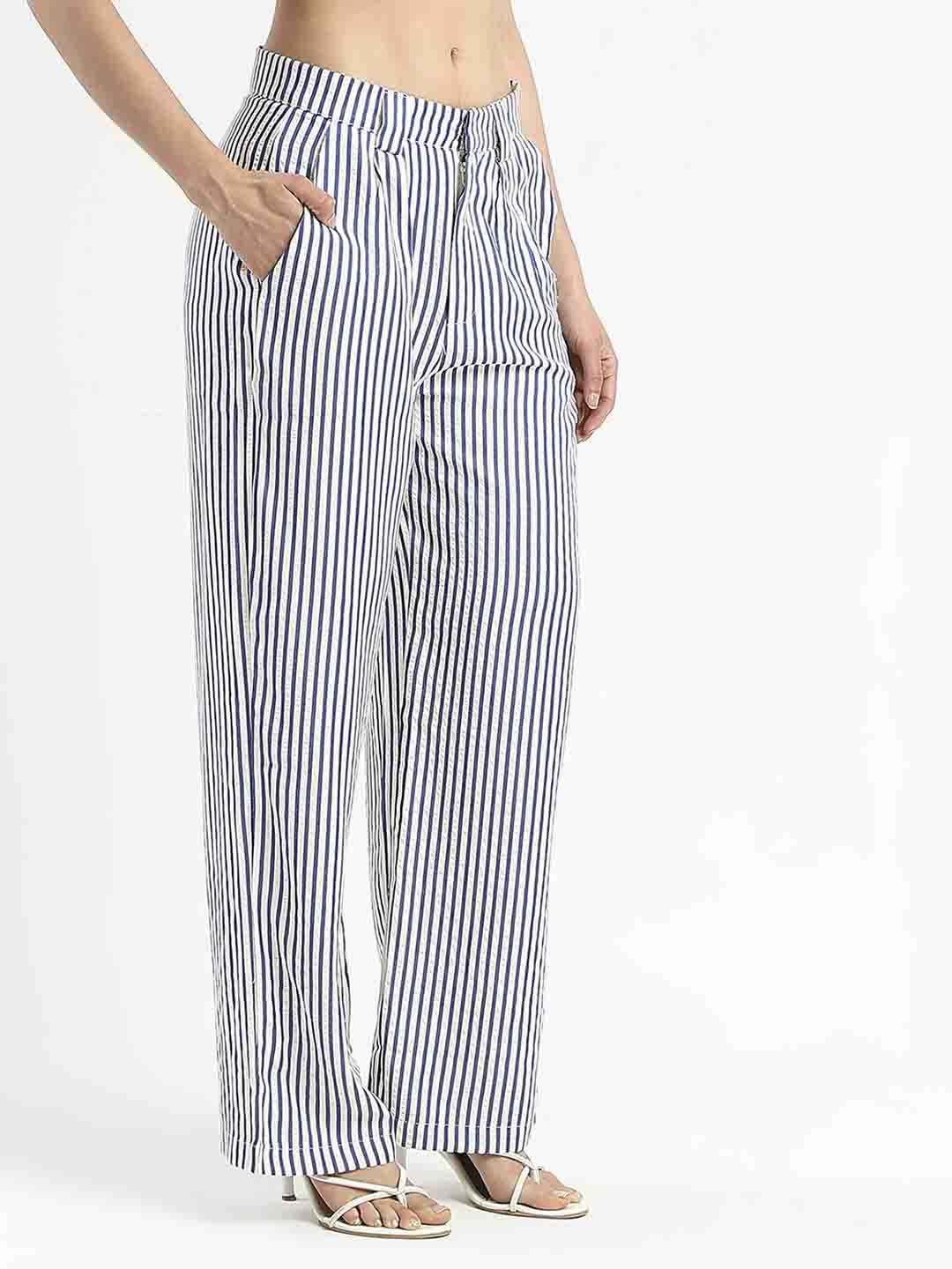 Madame Striped Wide Leg Viscose Blend Navy Blue Trousers - Image 3