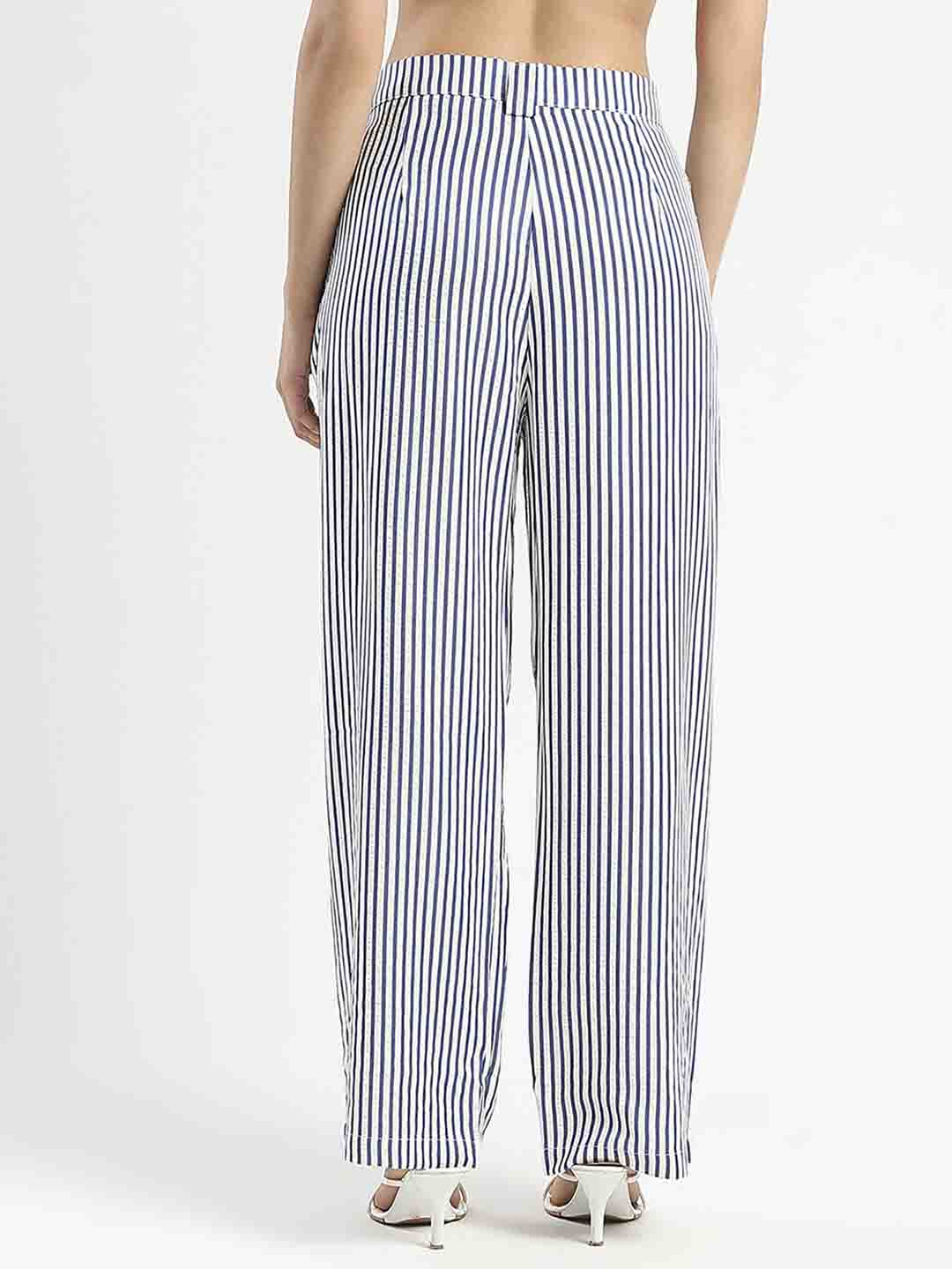 Madame Striped Wide Leg Viscose Blend Navy Blue Trousers - Image 4