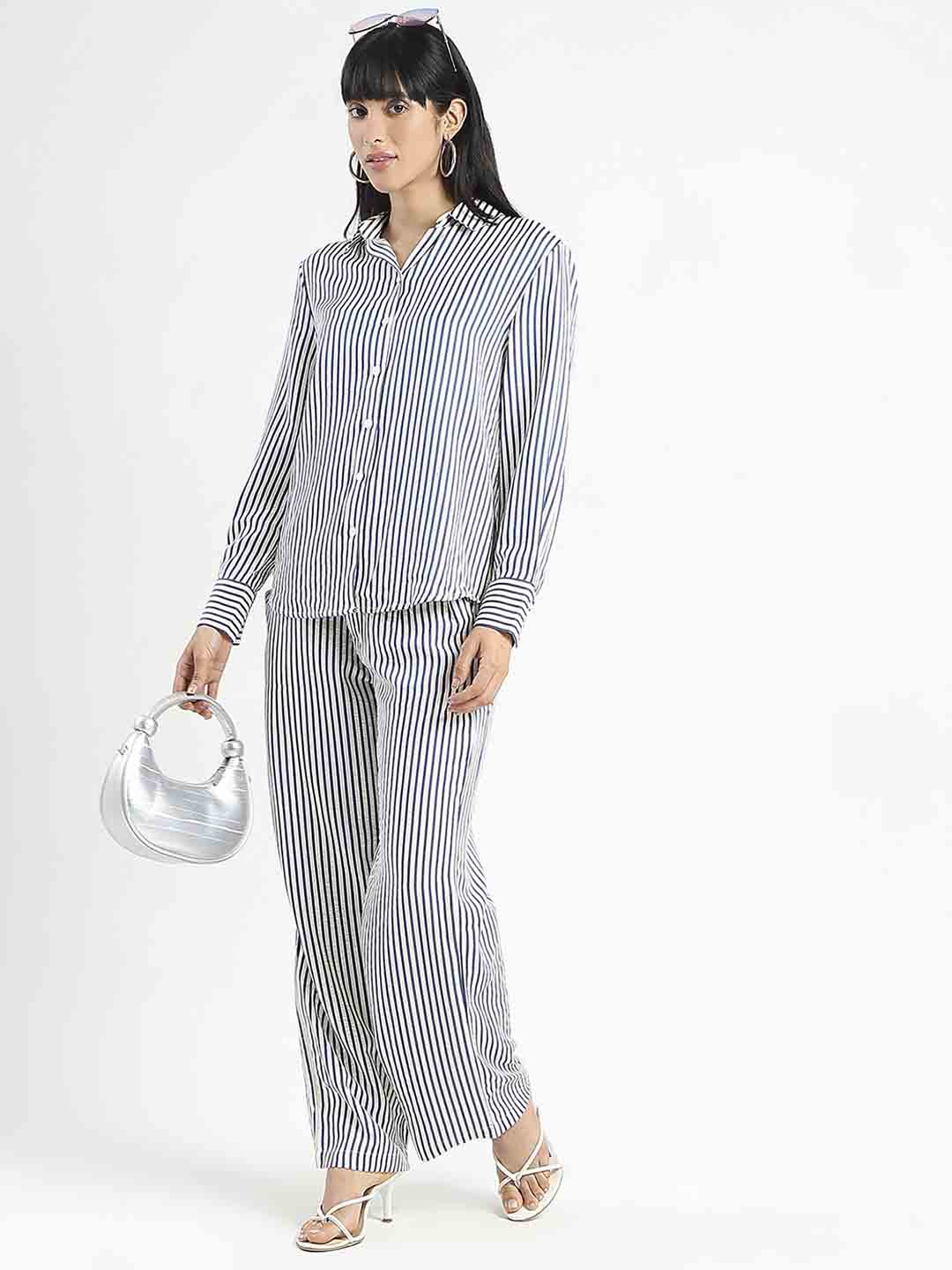 Madame Striped Wide Leg Viscose Blend Navy Blue Trousers - Image 5