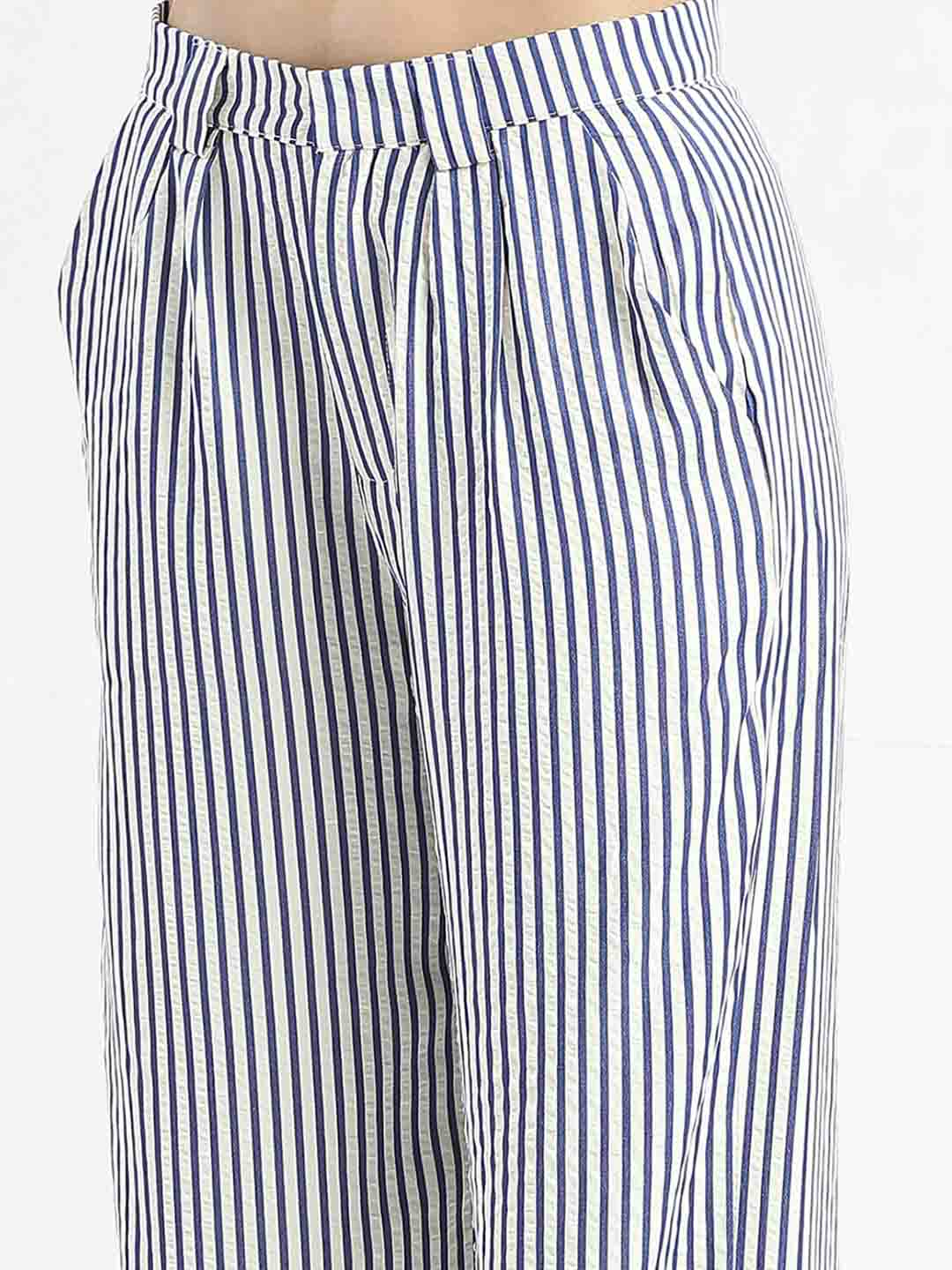 Madame Striped Wide Leg Viscose Blend Navy Blue Trousers - Image 6
