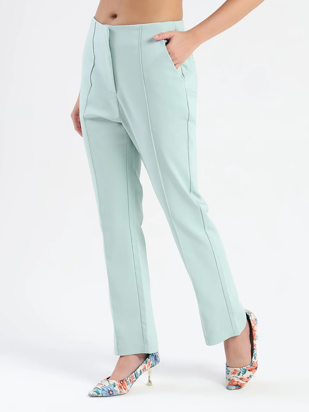 Madame Alex Front Pintuck Detailed Mint Green Trousers - Image 4