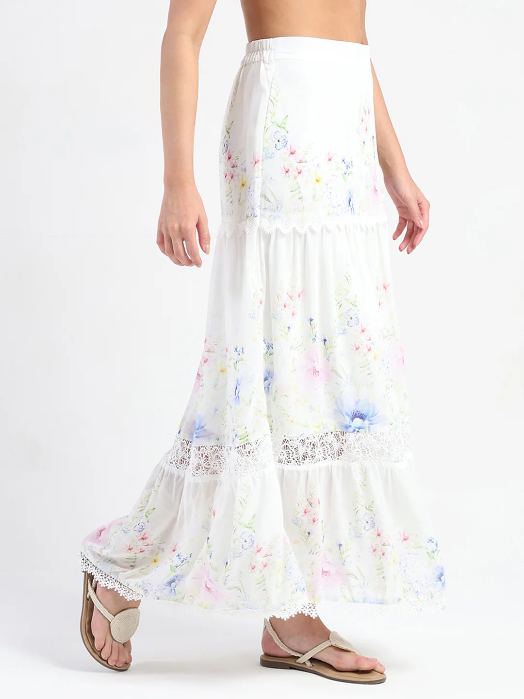 Madame Floral Print Tiered White Maxi Skirt - Image 3