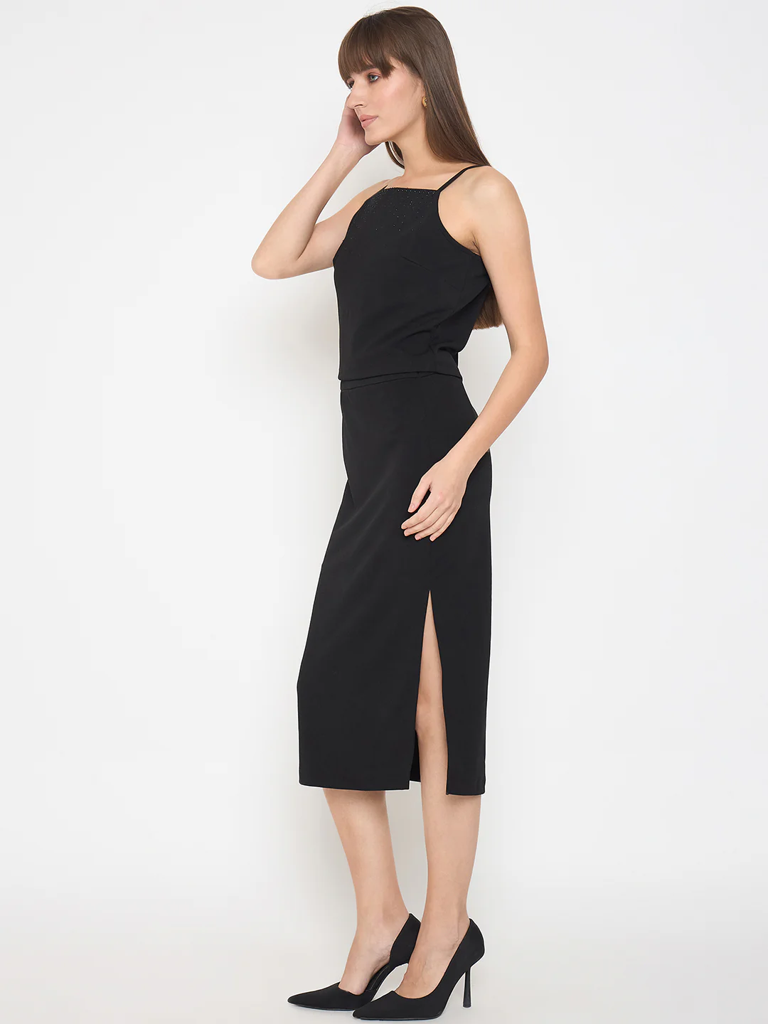 Madame Embellished Halter Neck Top and Skirt Black Coord Set - Image 5