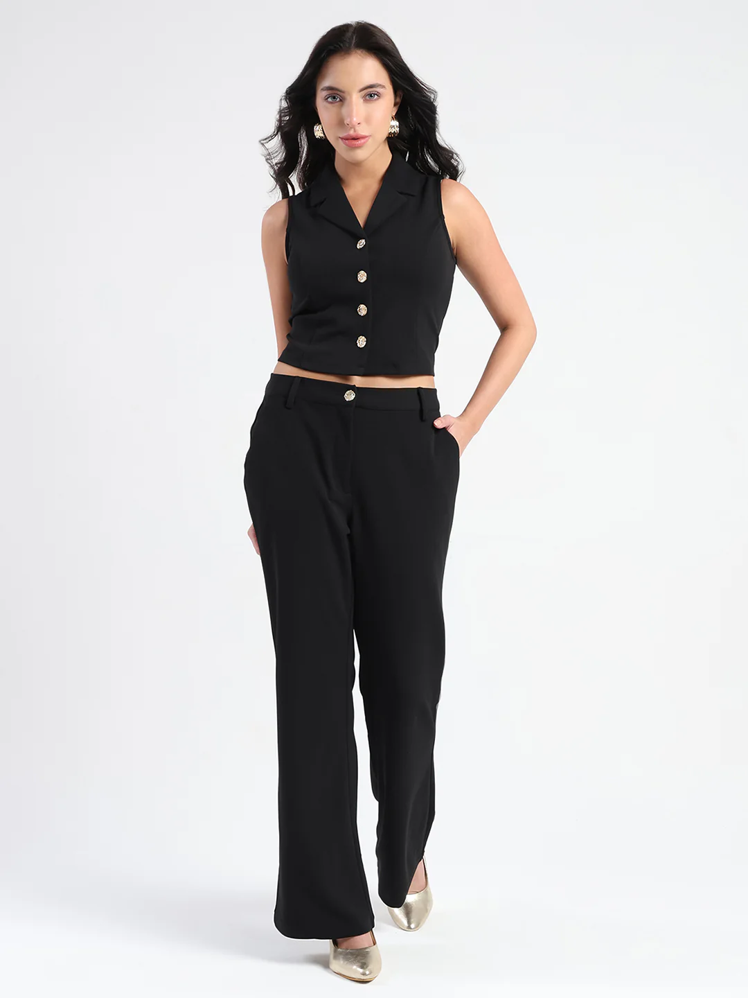 Madame Crop Top and Side Slit Trousers Knit Moss Black Co-ord Set - Image 3