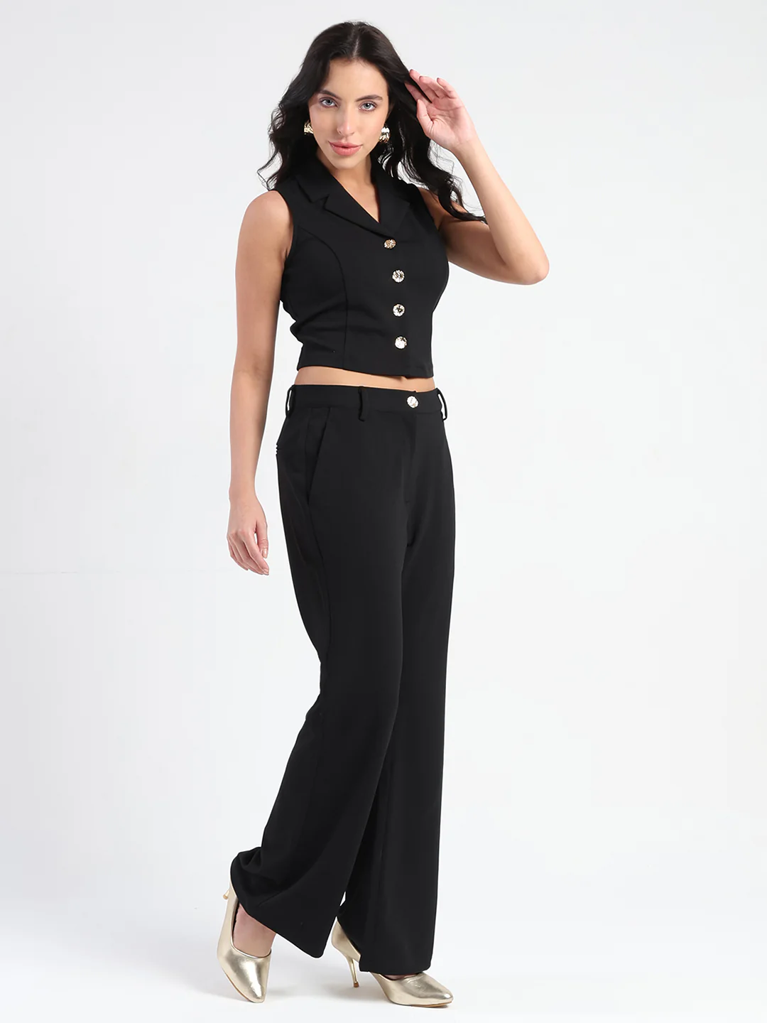 Madame Crop Top and Side Slit Trousers Knit Moss Black Co-ord Set - Image 4
