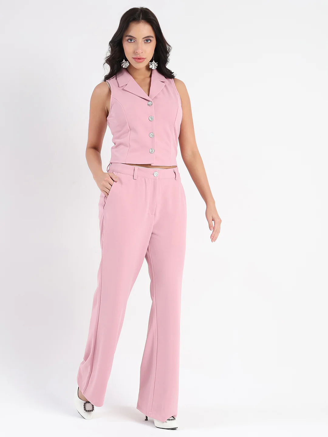 Madame Crop Top and Side Slit Trousers Knit Moss Blush Pink Co-ord Set - Image 4