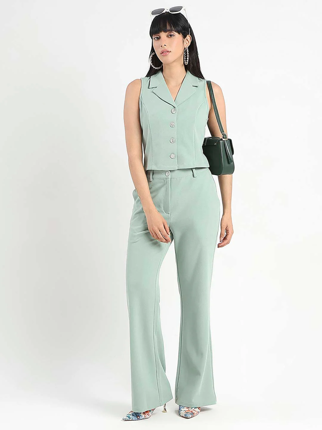 Madame Crop Top and Side Slit Trousers Knit Moss Olive Green Co-ord Set - Image 4
