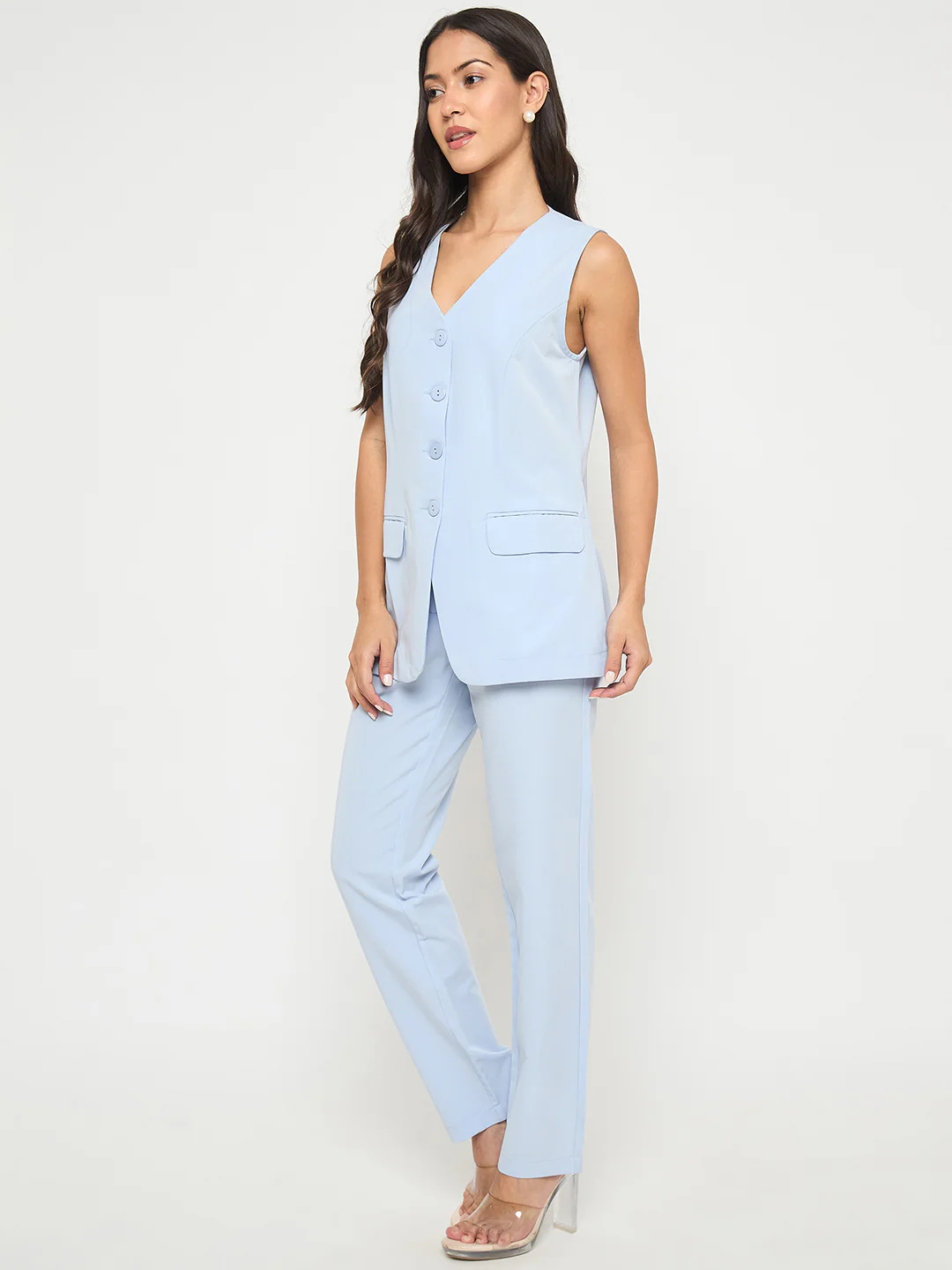 Madame Solid Sleeveless Top and Bottoms Blue Co-ord Set - Image 5
