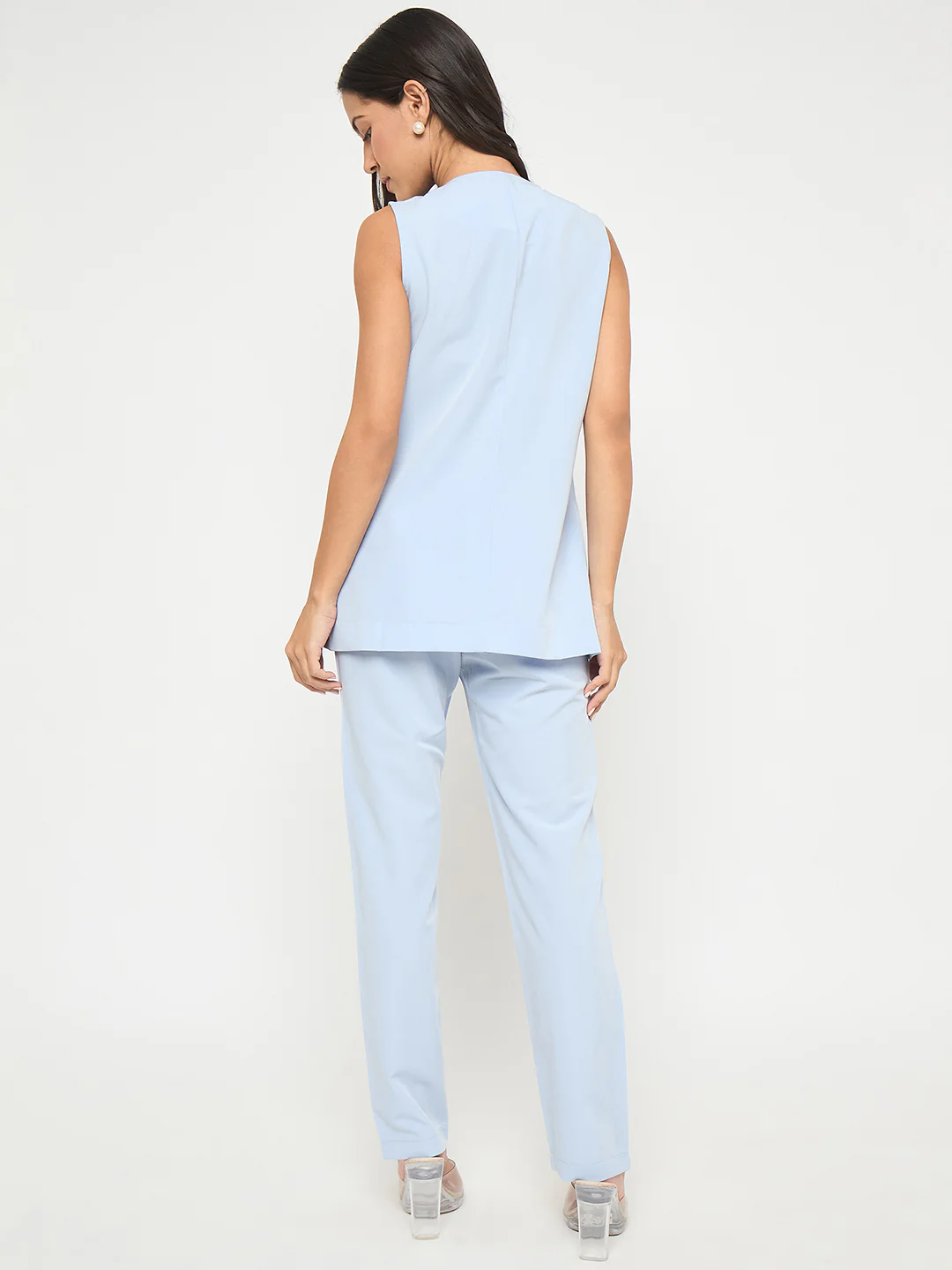 Madame Solid Sleeveless Top and Bottoms Blue Co-ord Set - Image 6