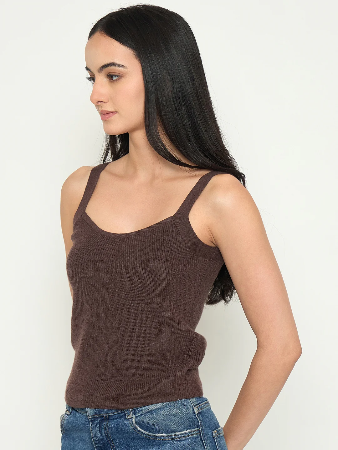 Madame Camisole Neck Coffee Brown Knit Crop Top - Image 5