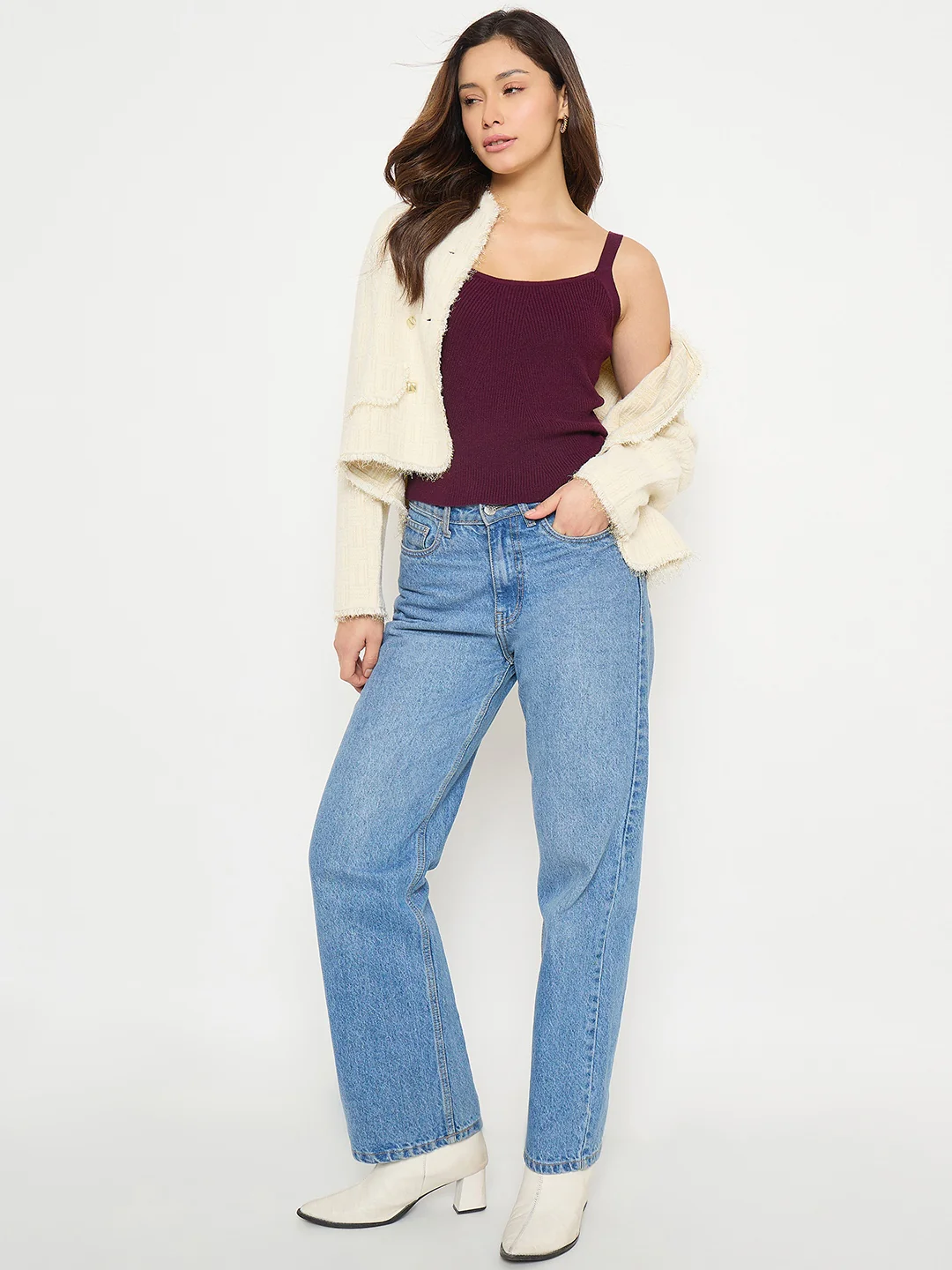 Madame Camisole Neck Wine Knit Crop Top - Image 3