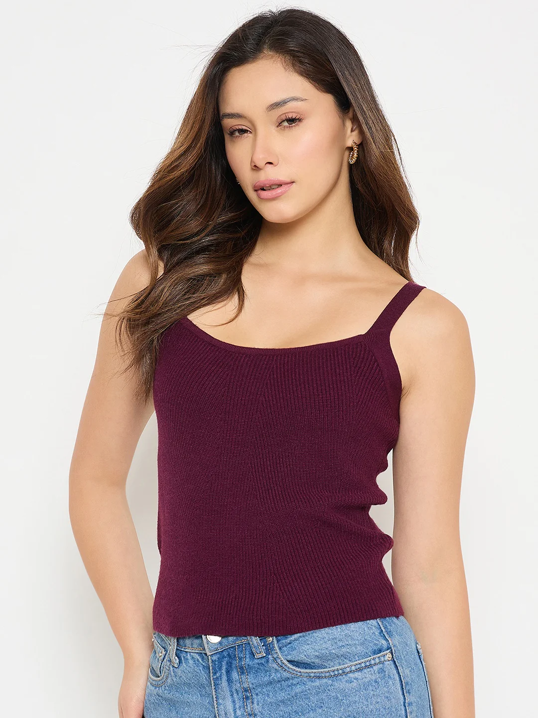 Madame Camisole Neck Wine Knit Crop Top - Image 5