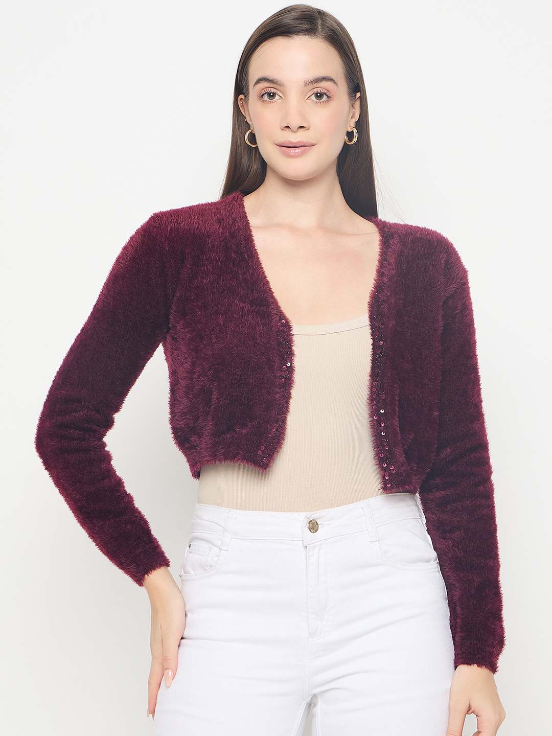Madame Solid Wine Red Open Short Shrug - Image 3