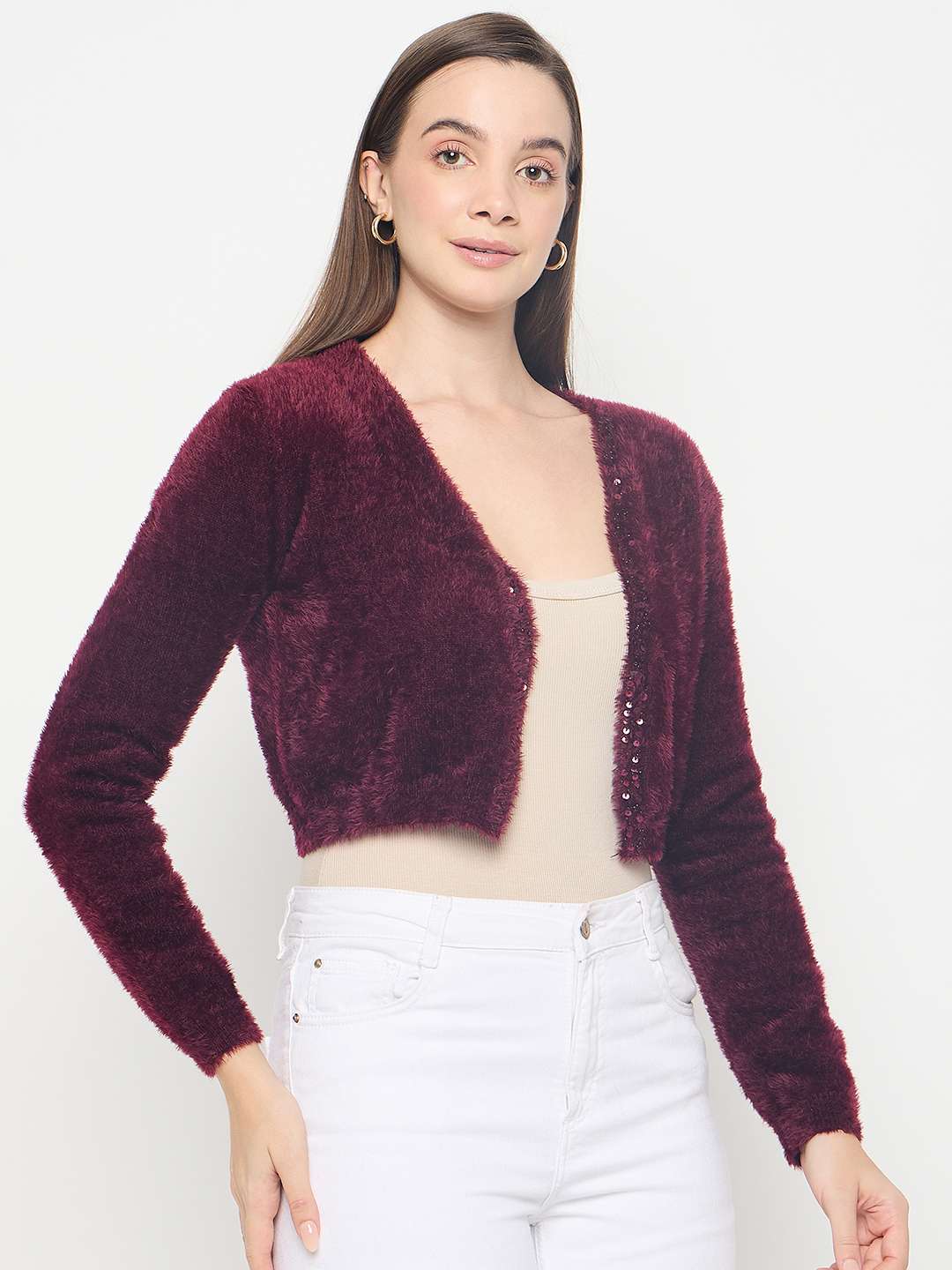 Madame Solid Wine Red Open Short Shrug - Image 4