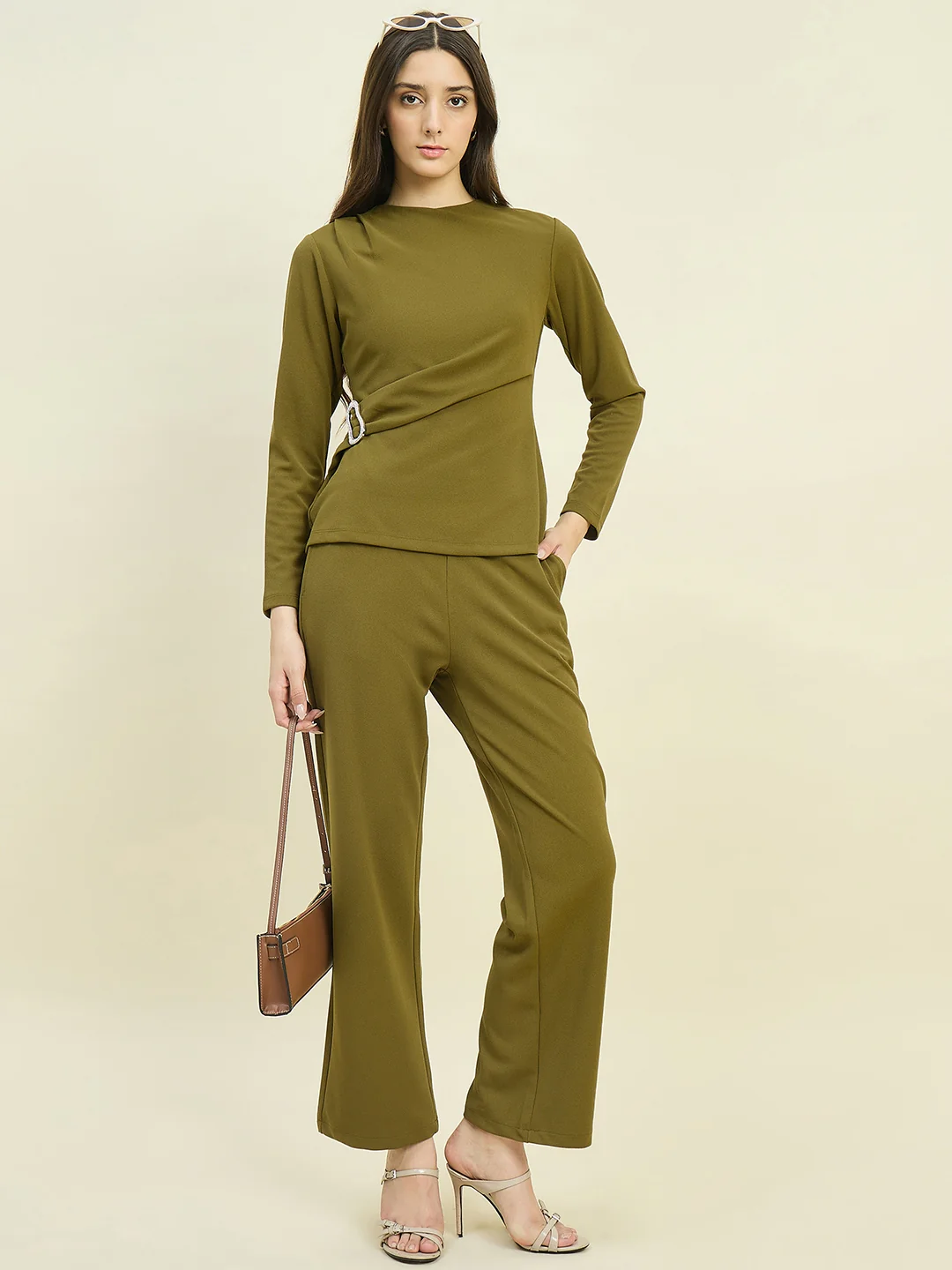 Madame Solid Olive Top with Buckle Accent - Image 3