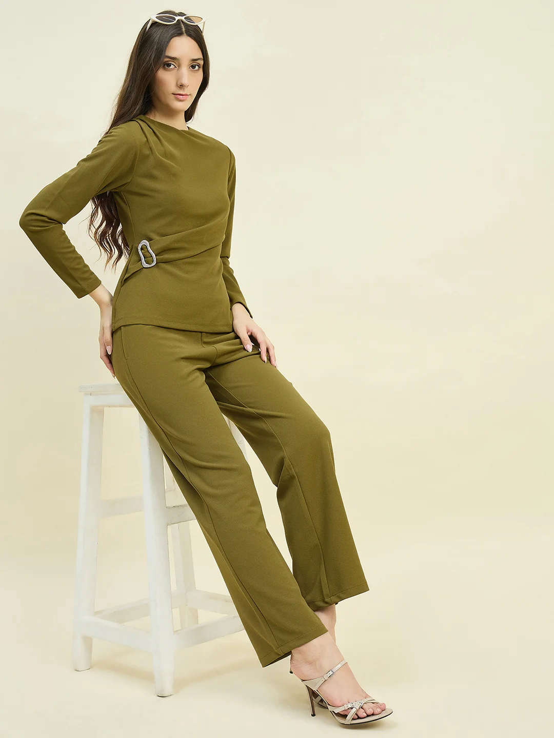 Madame Solid Olive Top with Buckle Accent - Image 4